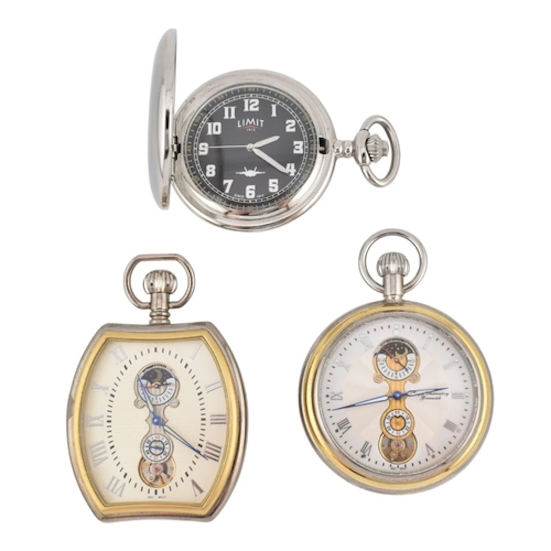A collection of three contemporary pocket watches. The pocke...
