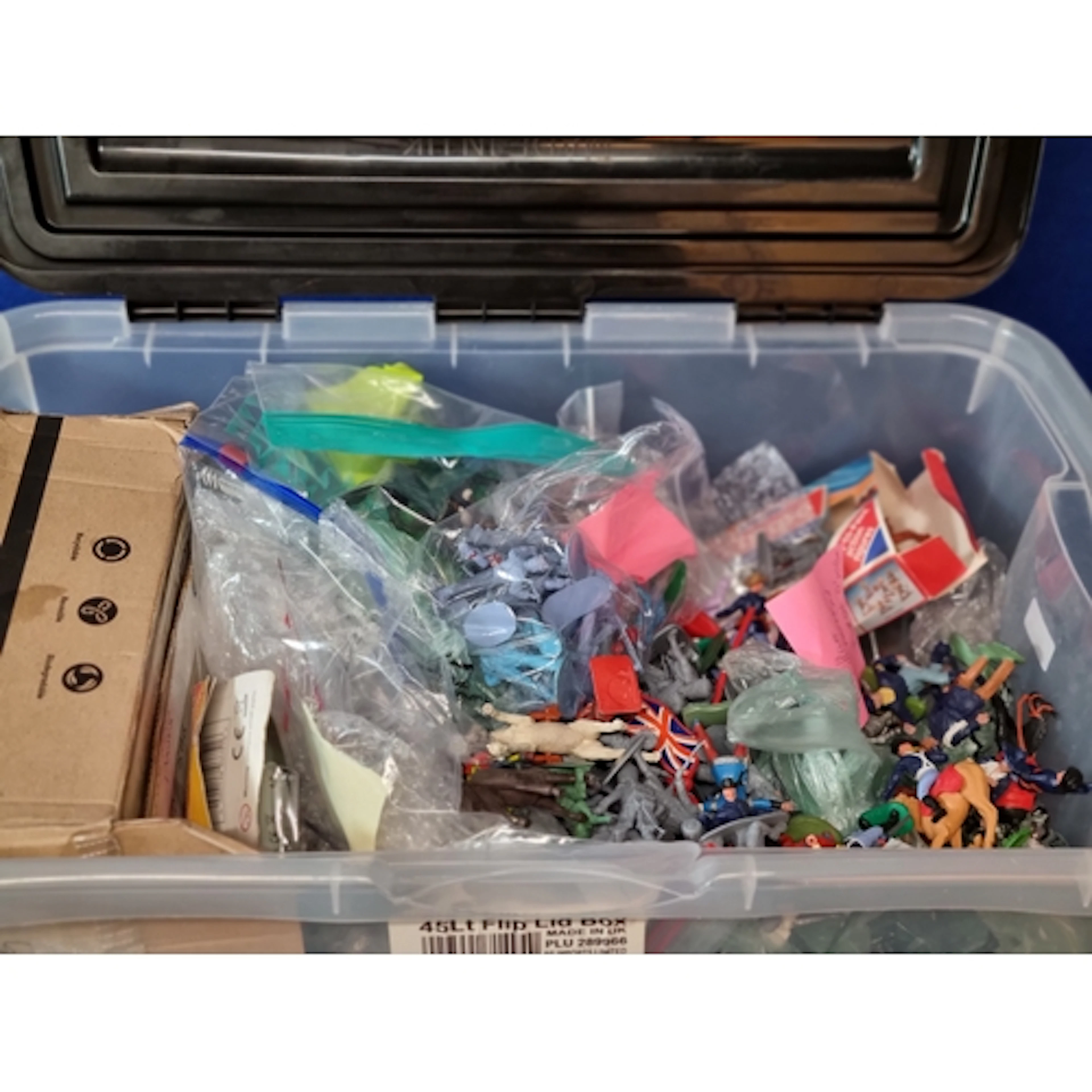 A box of plastic Soldiers including Crescent Toys Cowboys an...