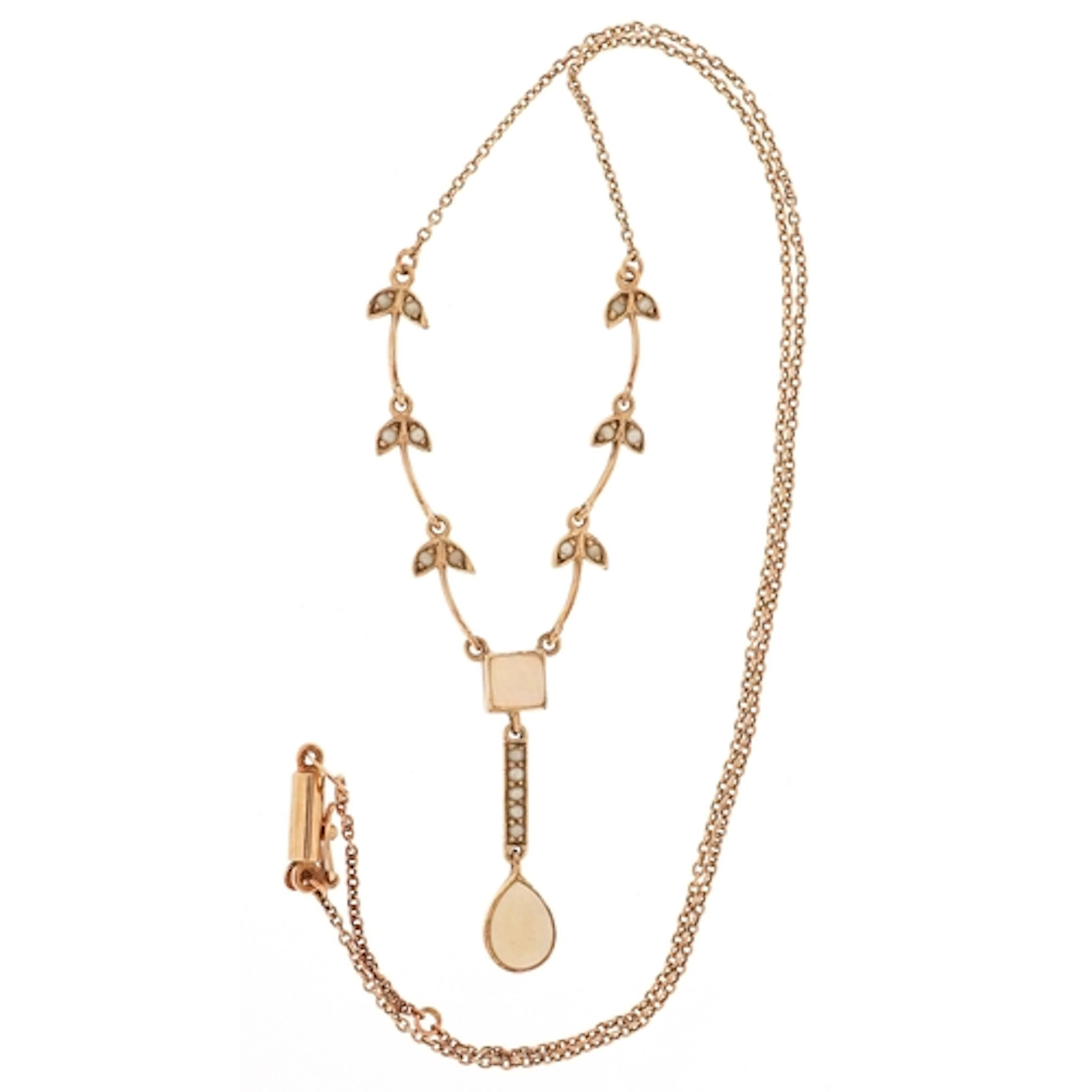Antique 9ct gold seed pearl and opal necklace, 44cm in lengt...