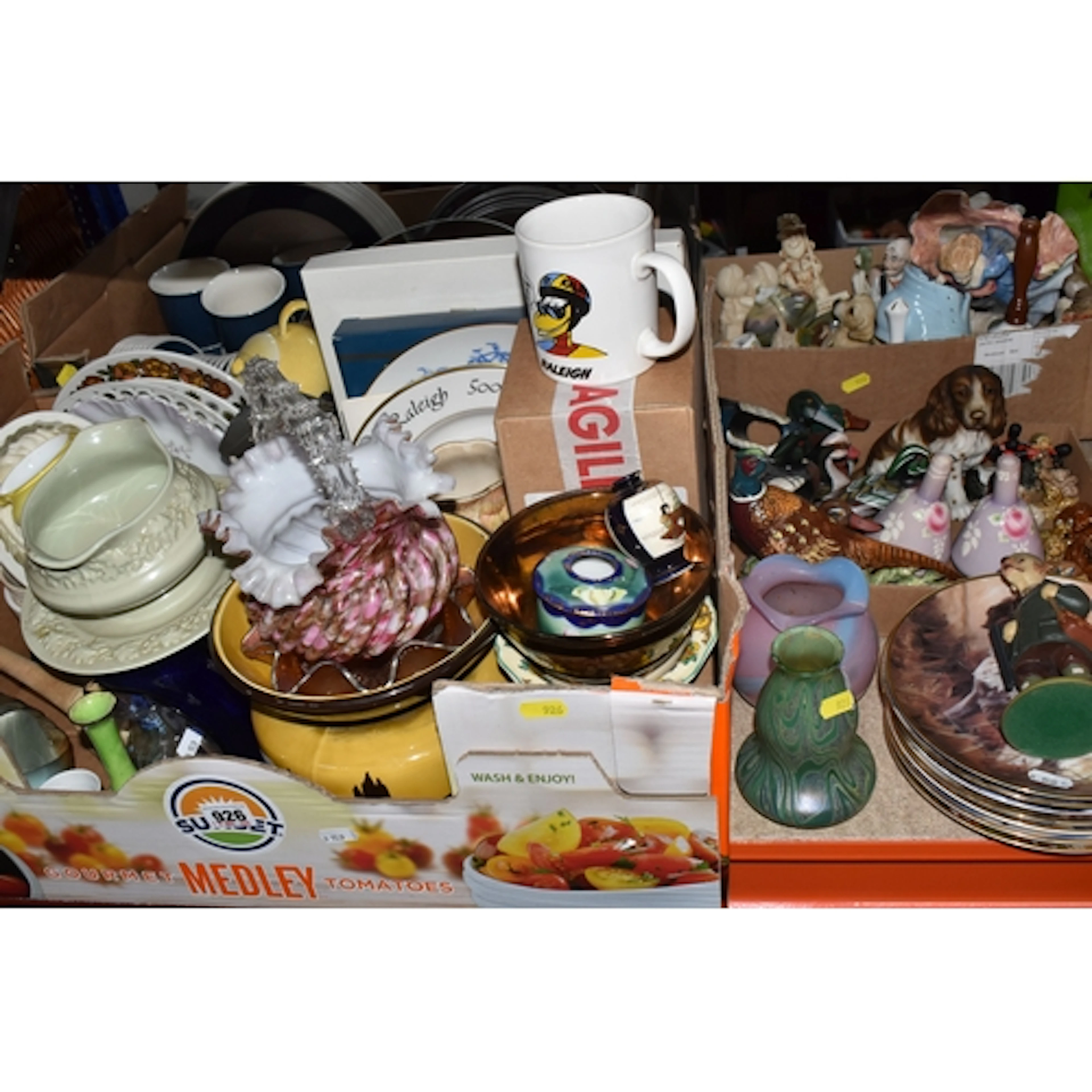 FOUR BOXES AND LOOSE OF HOUSEHOLD DECORATIVE CERAMICS AND GL...