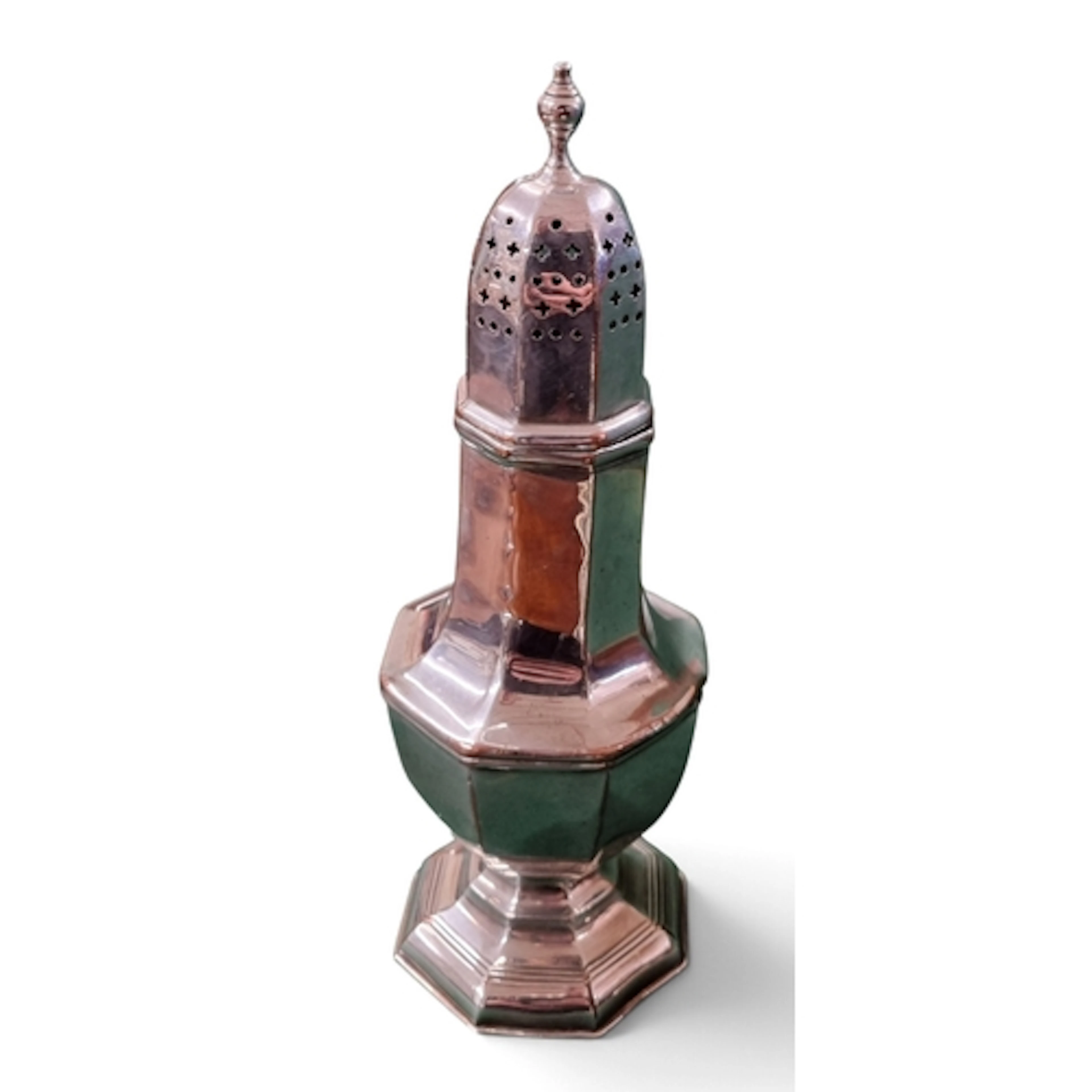An early 20th century silver-plated on copper sugar shaker, ...