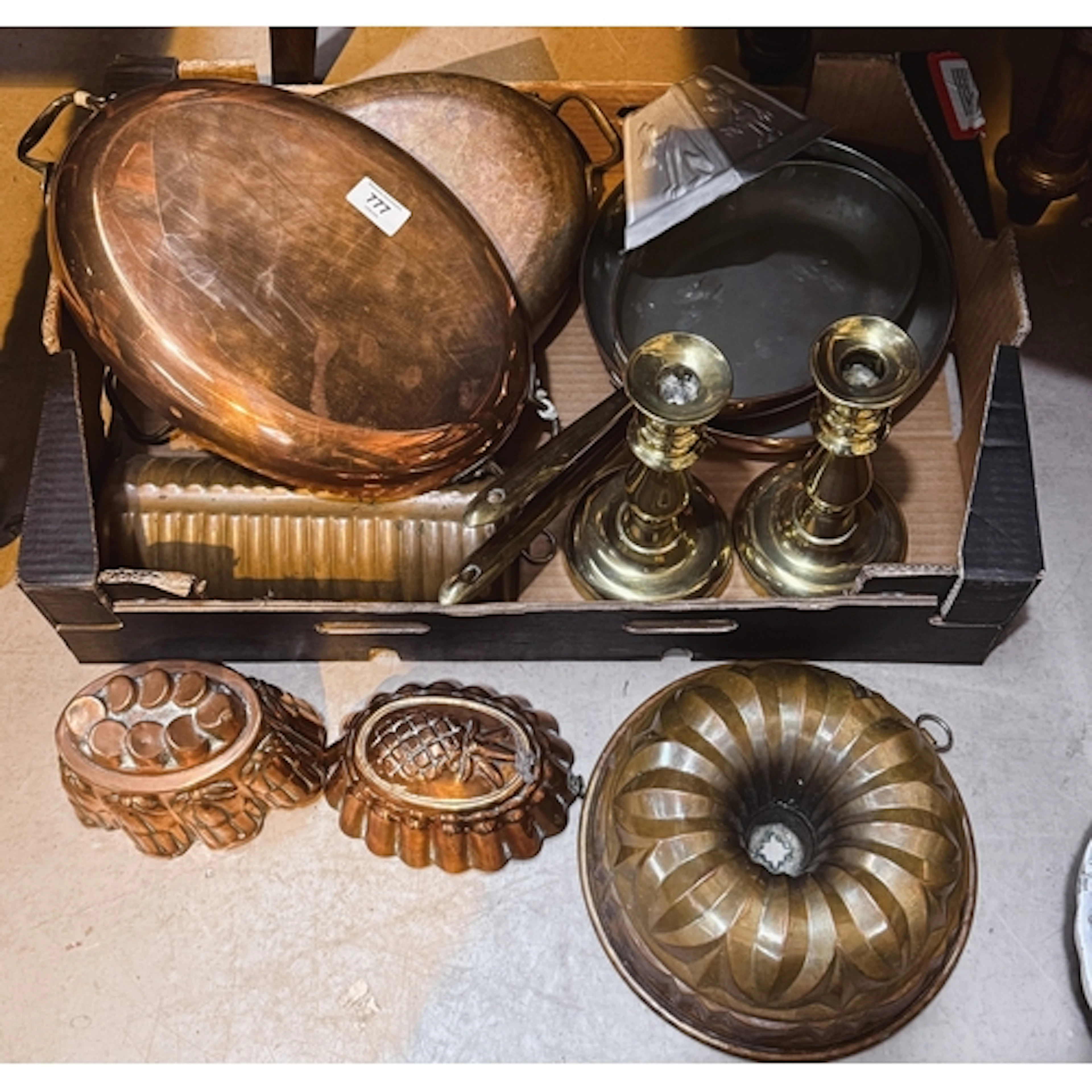 A selection of vintage copper pans, jelly moulds, pair of br...