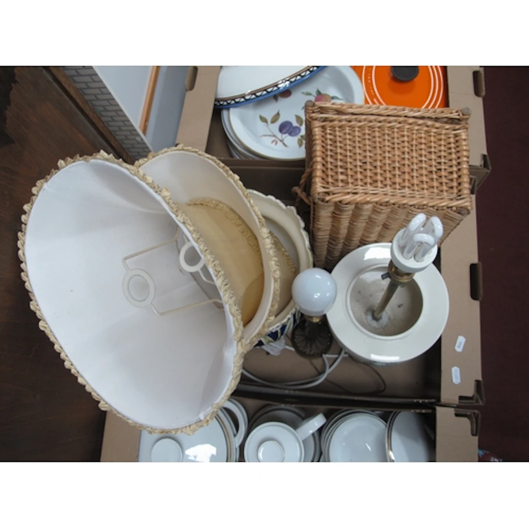 Continental Pottery Jardinere, table lamps, wicker box.