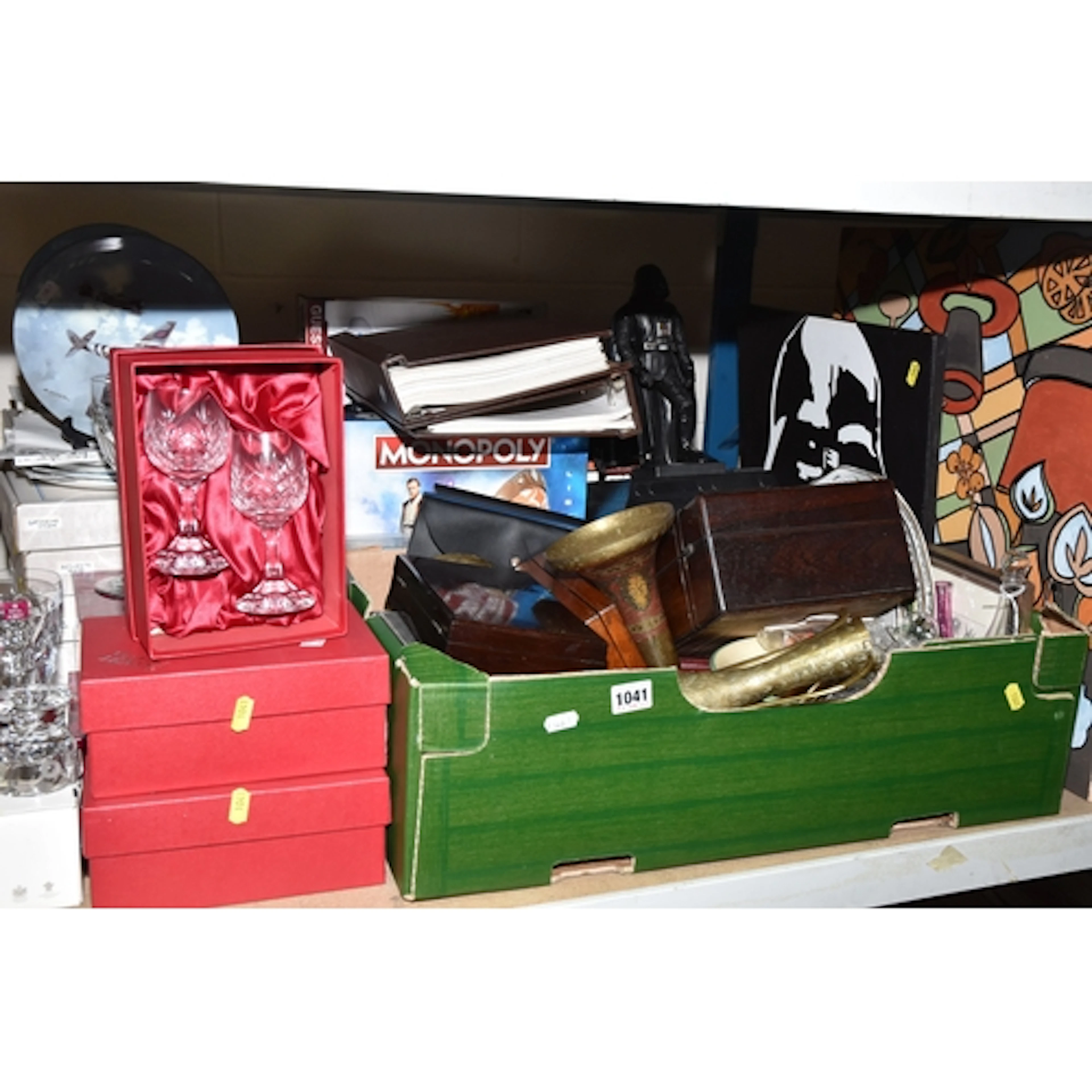 TWO BOXES AND LOOSE MISCELLANEOUS ITEMS, to include brass va...