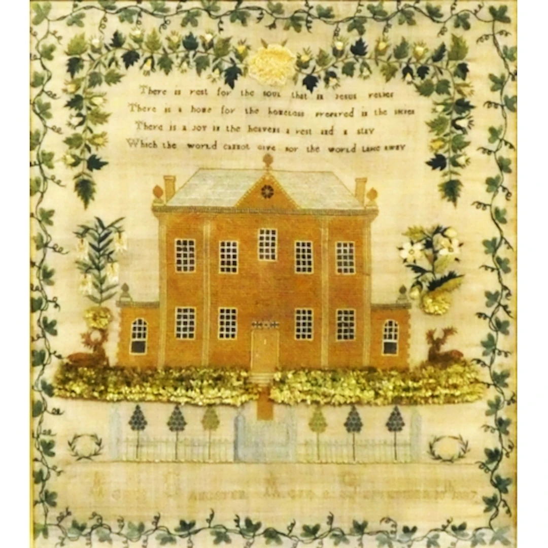 Early Victorian needlepoint alphabet sampler, with fable abo...