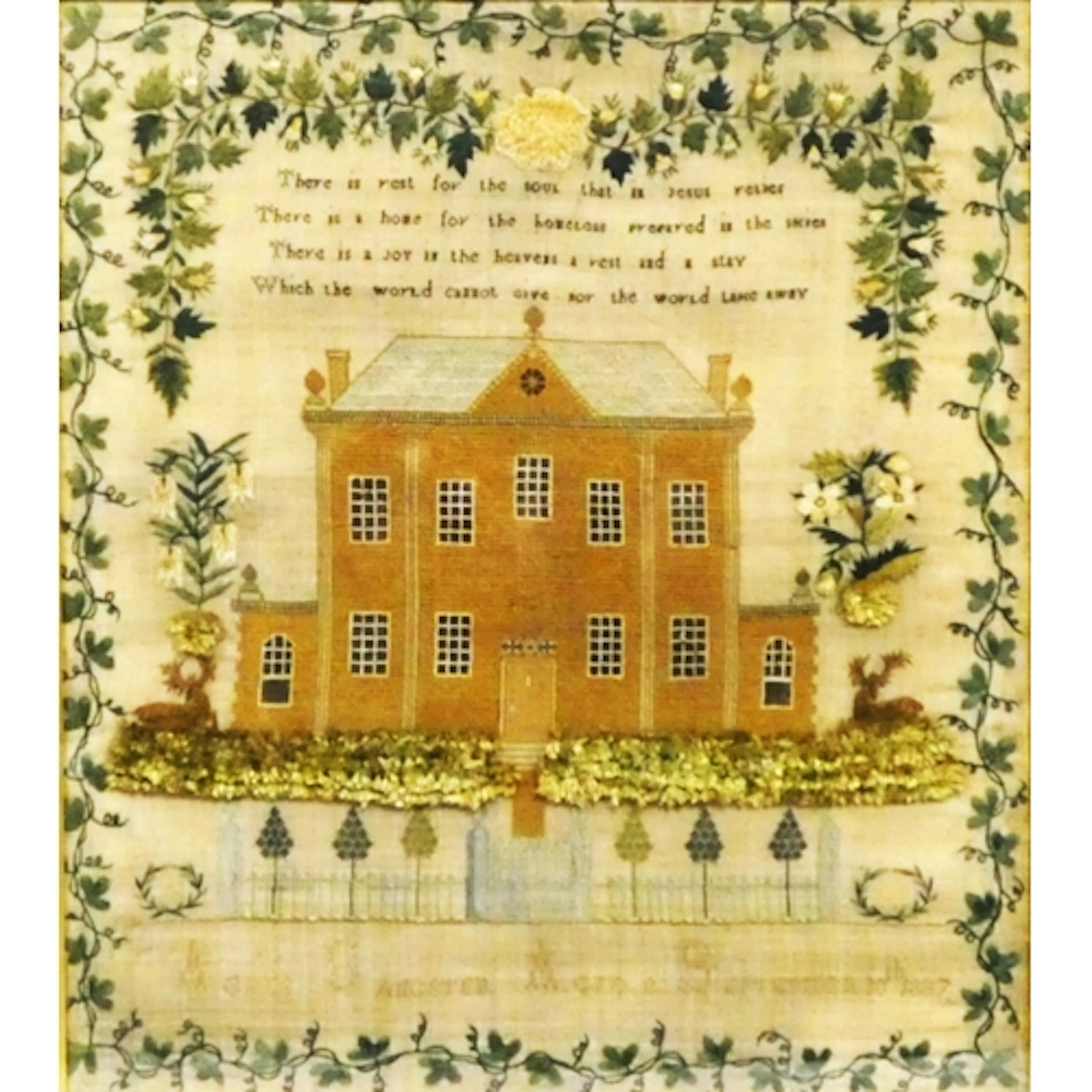 Early Victorian needlepoint alphabet sampler, with fable abo...