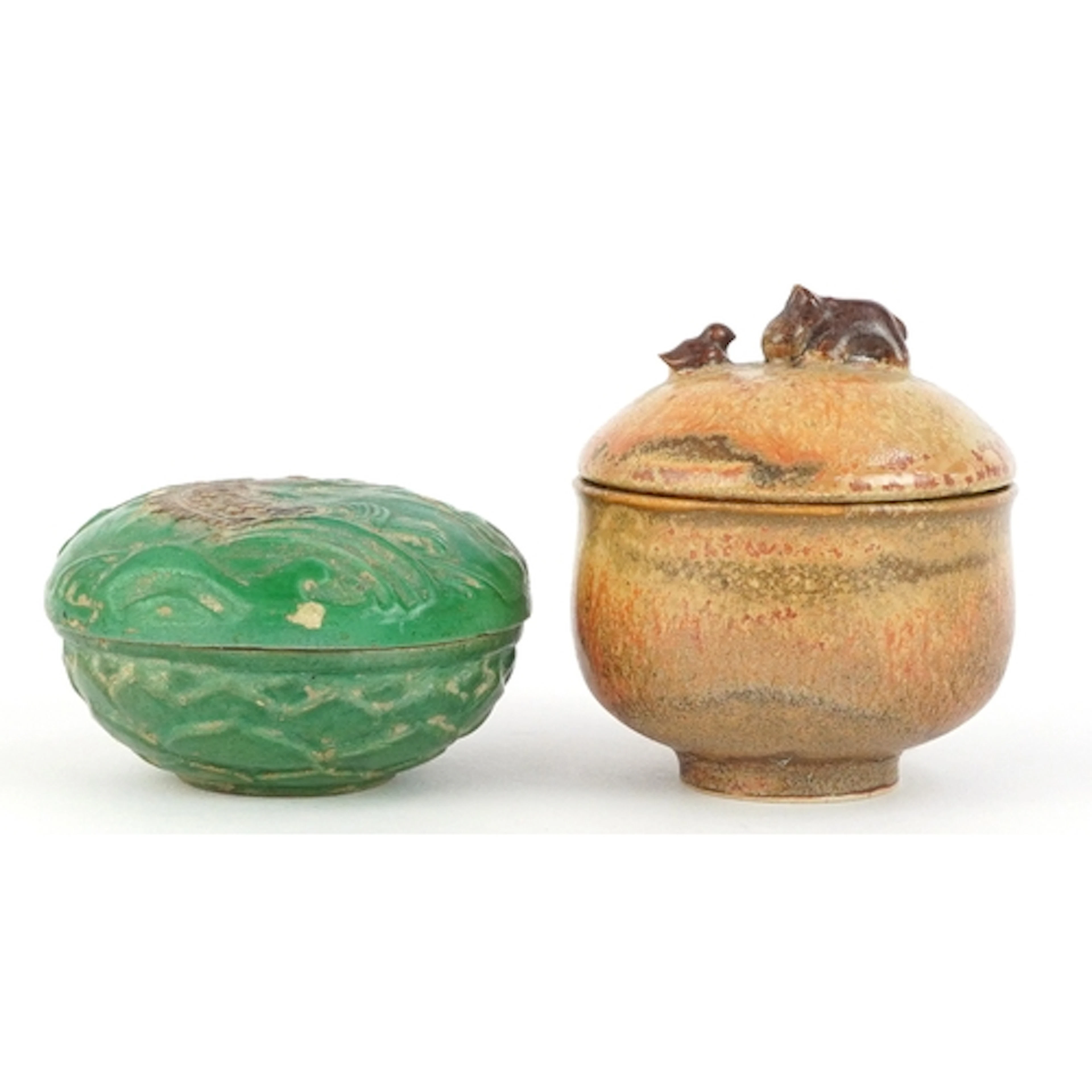 Chinese small green painted inkpot the lid decorated with a ...