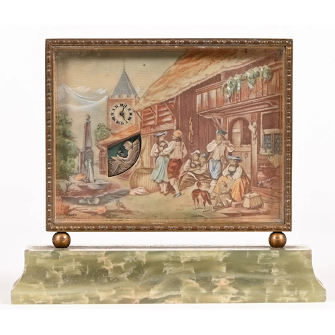 A Swiss gilt brass and green onyx automaton desk timepiece, ...
