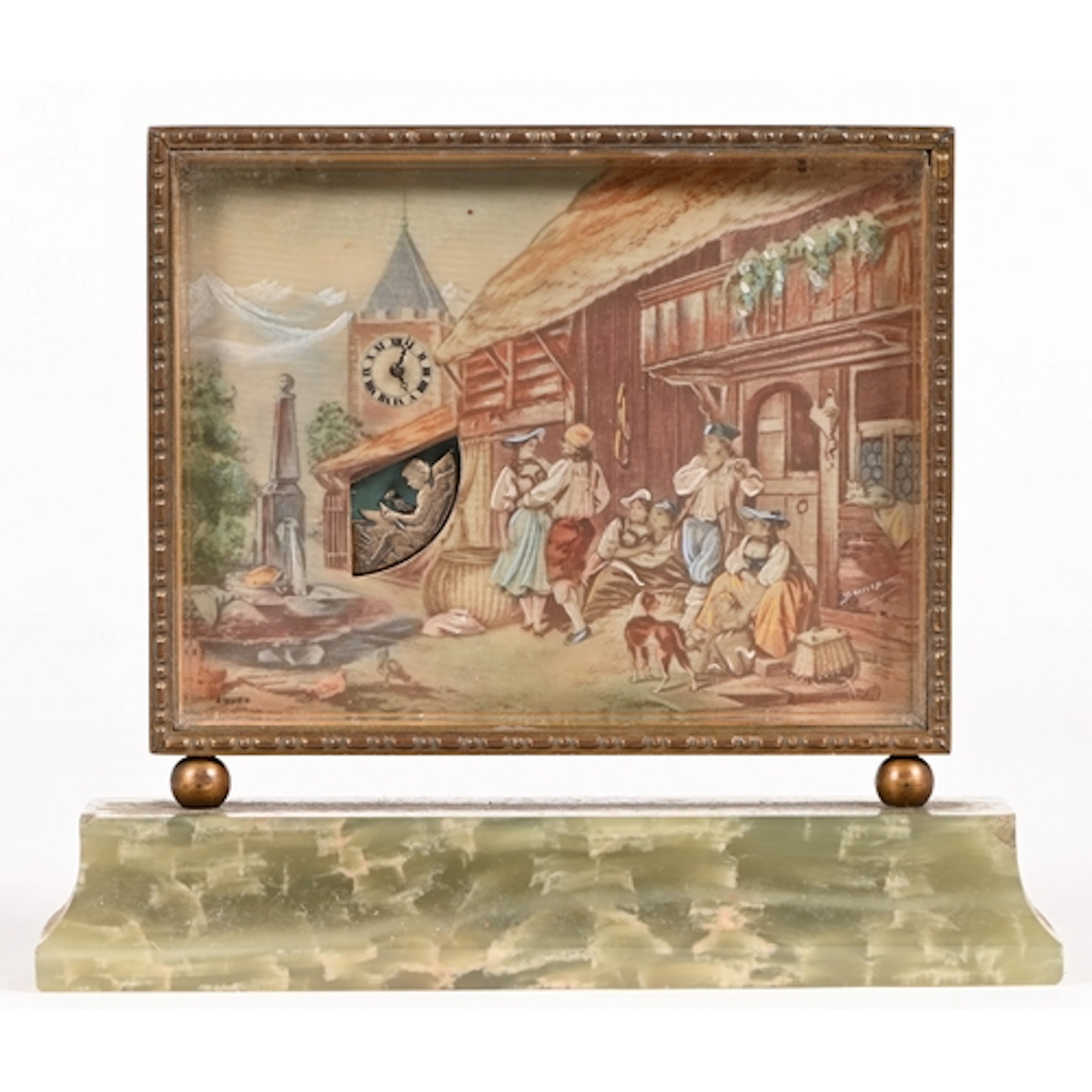 A Swiss gilt brass and green onyx automaton desk timepiece, ...