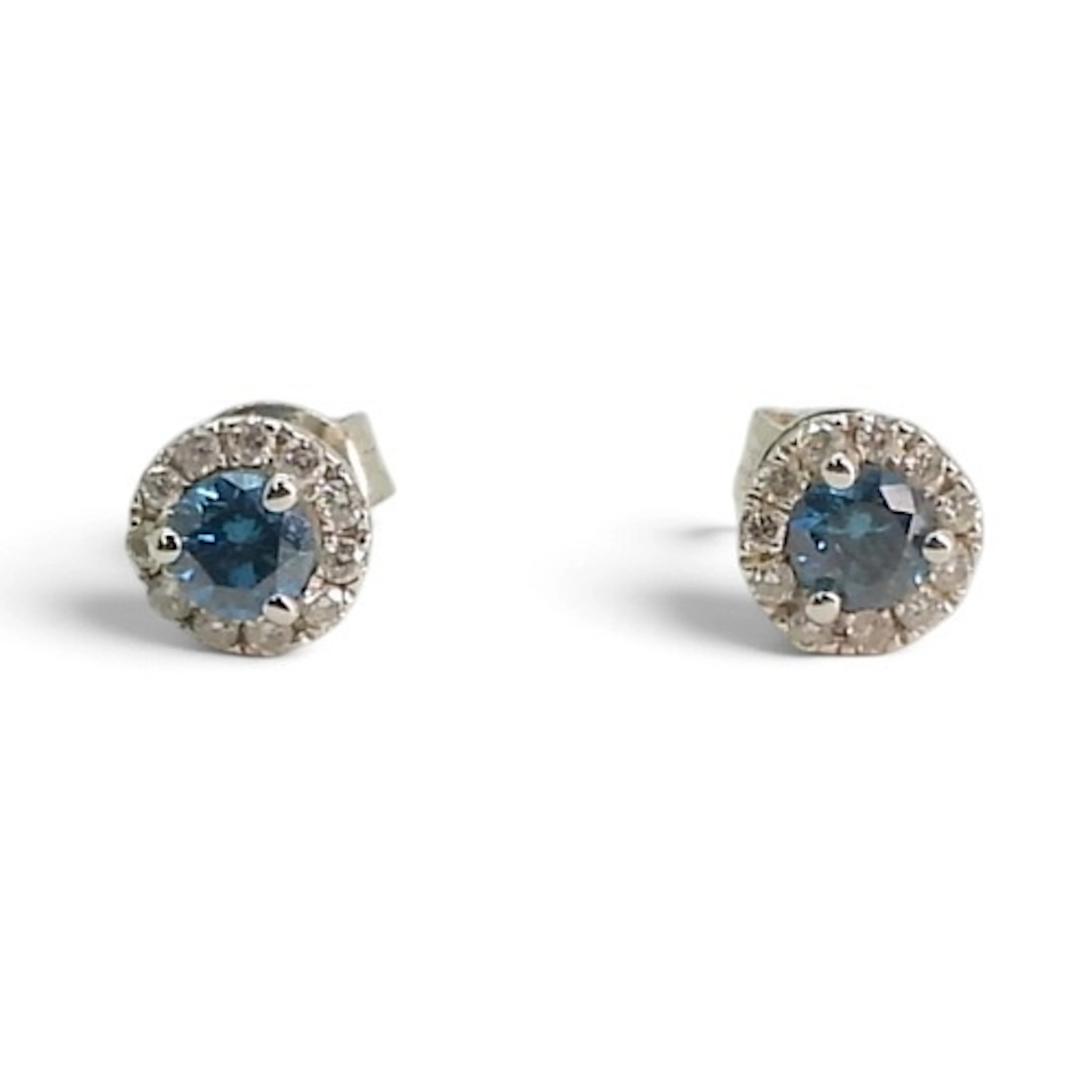 A pair of 14k gold blue and white diamond stud earrings, dia...