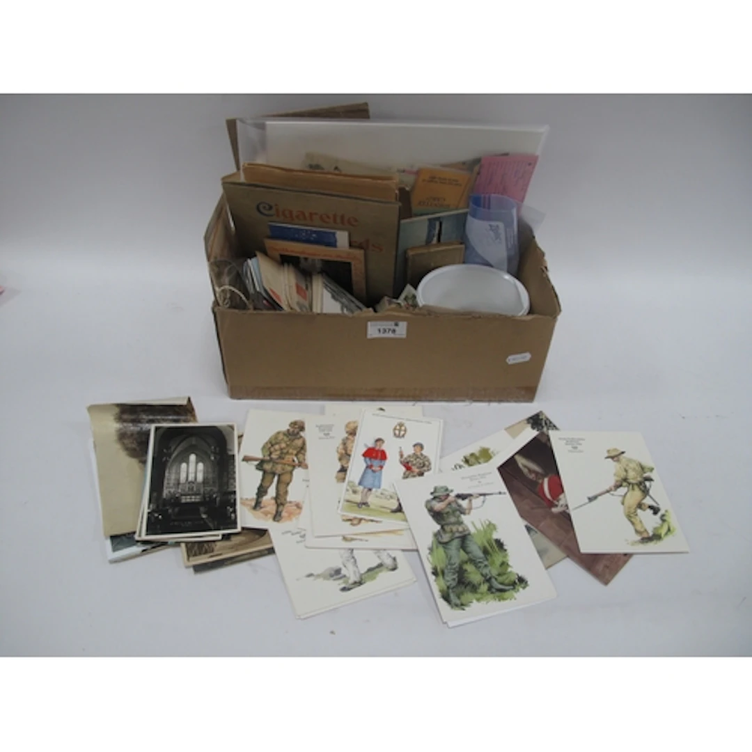 Postcards, greetings cards, Airfix cattle wagon, stamps, bad...