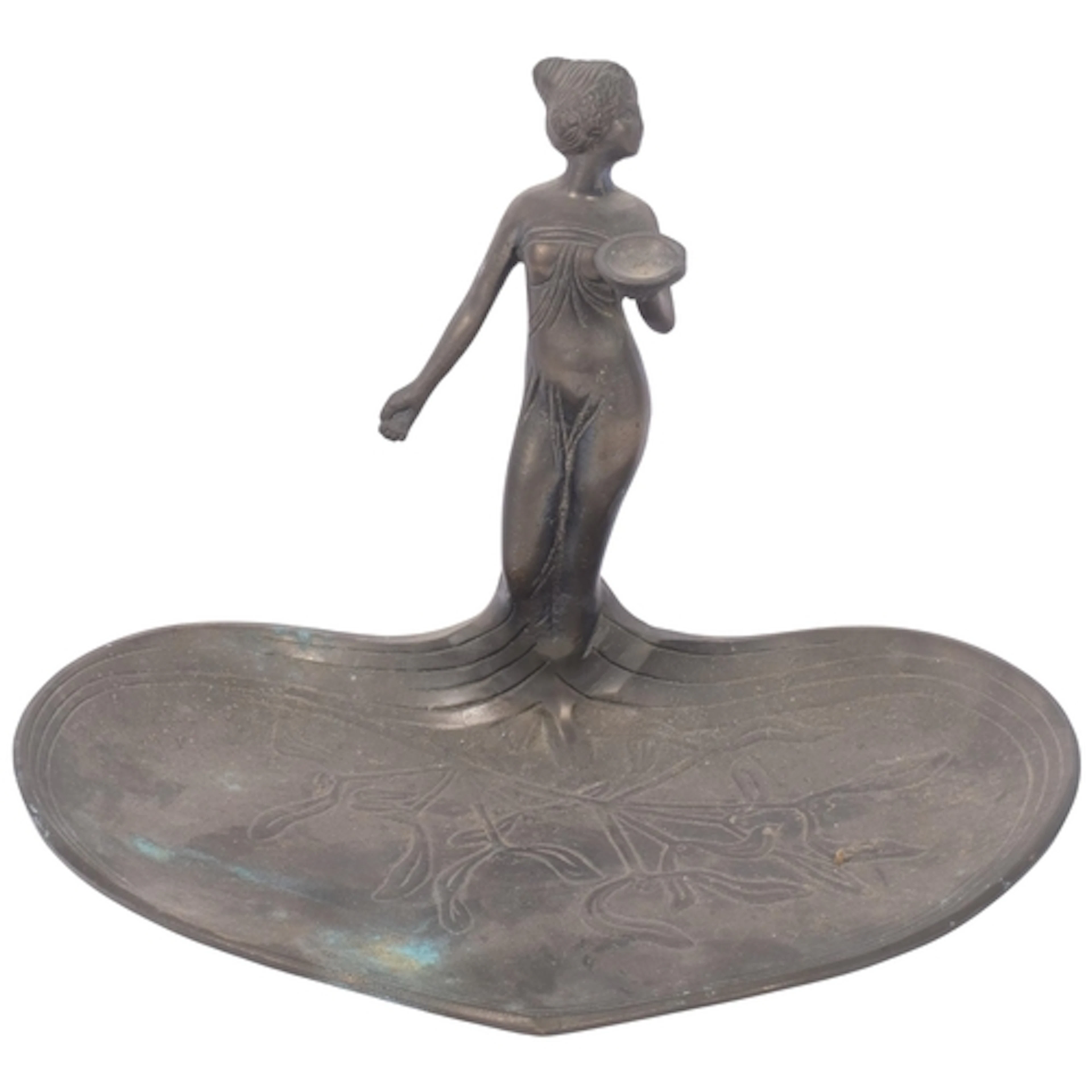 A Vintage pewter sculpture of a girl, with floral design dis...