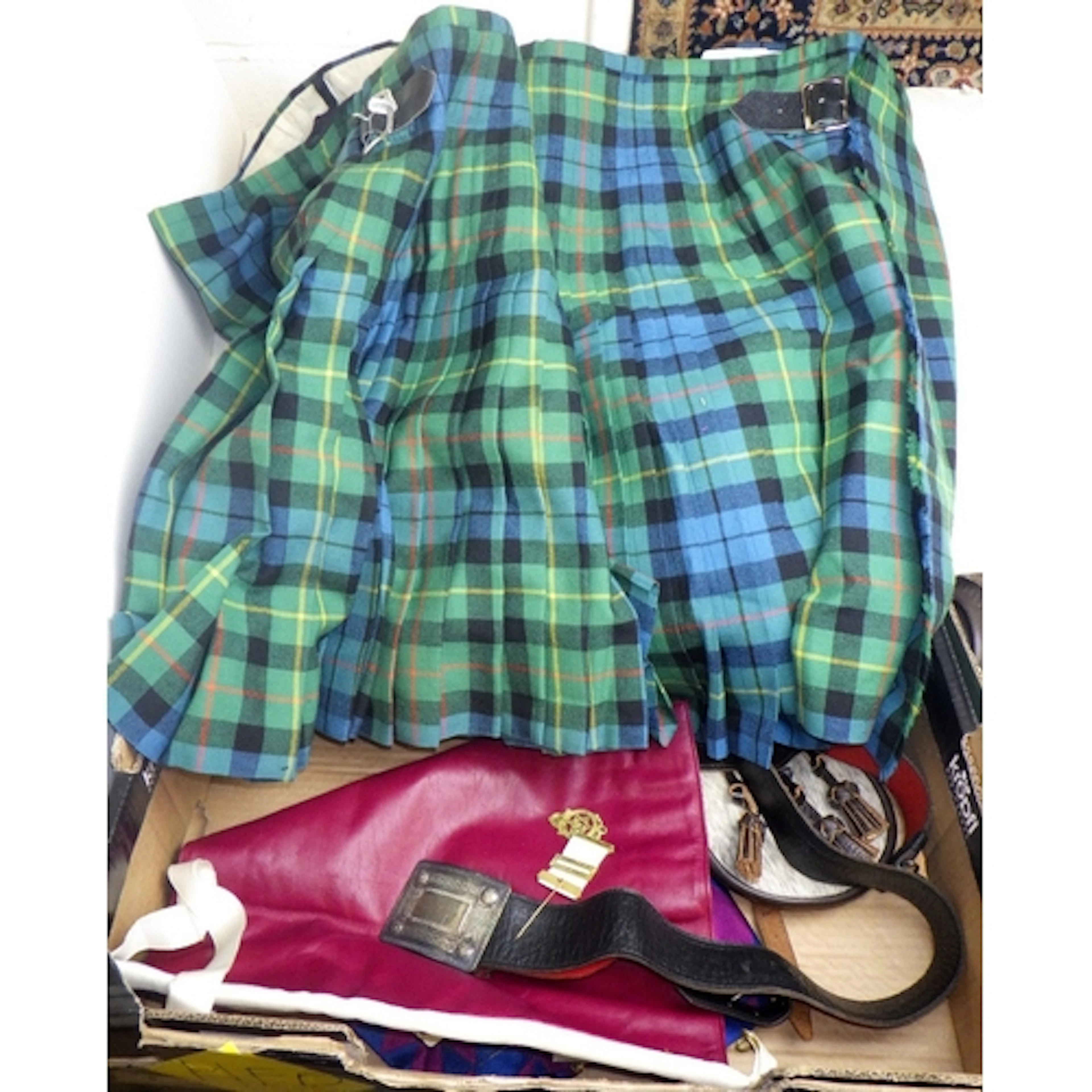 Two kilts, a sporran and a qty of Masonic regalia AF