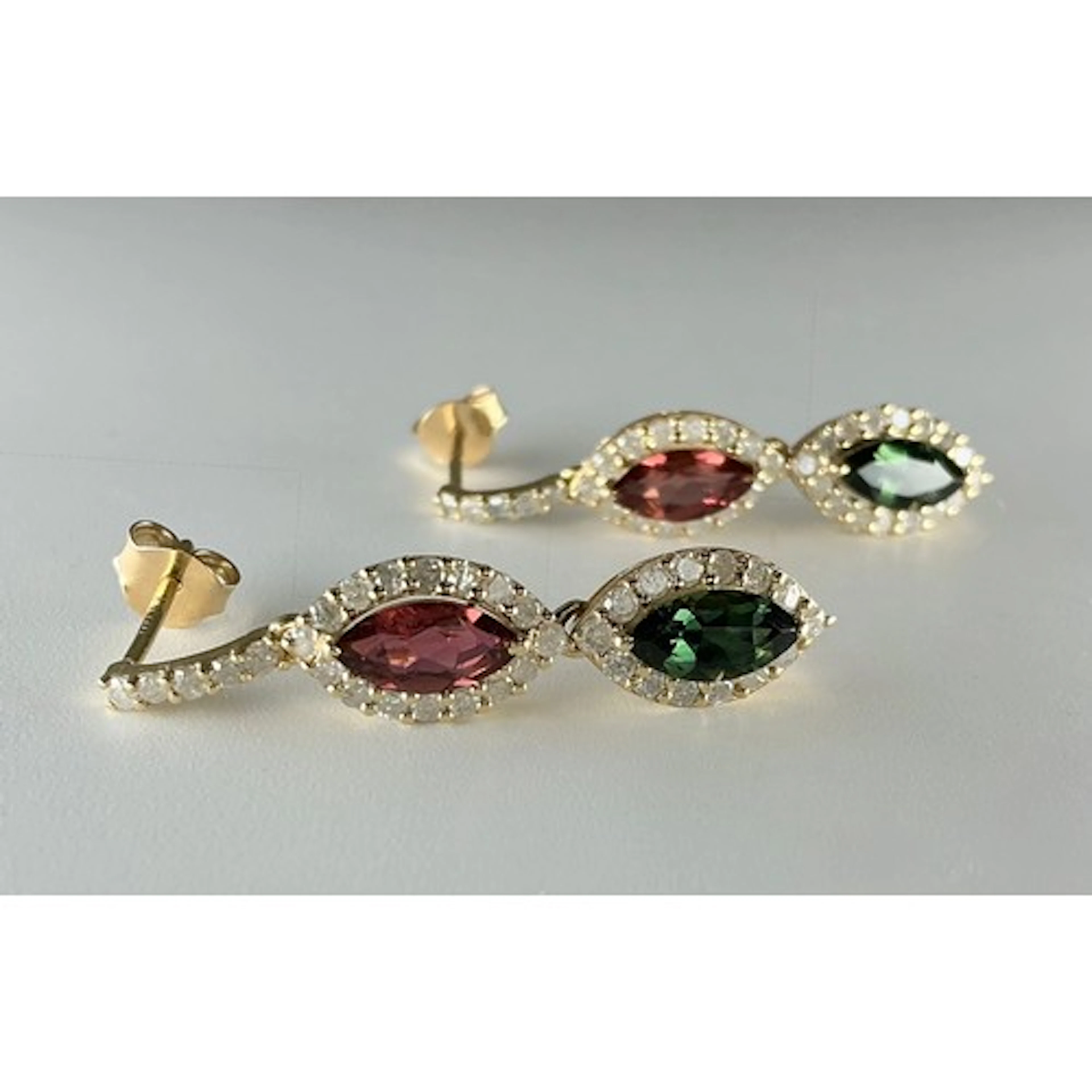 A pair of two colour tourmaline and diamond earrings, each w...