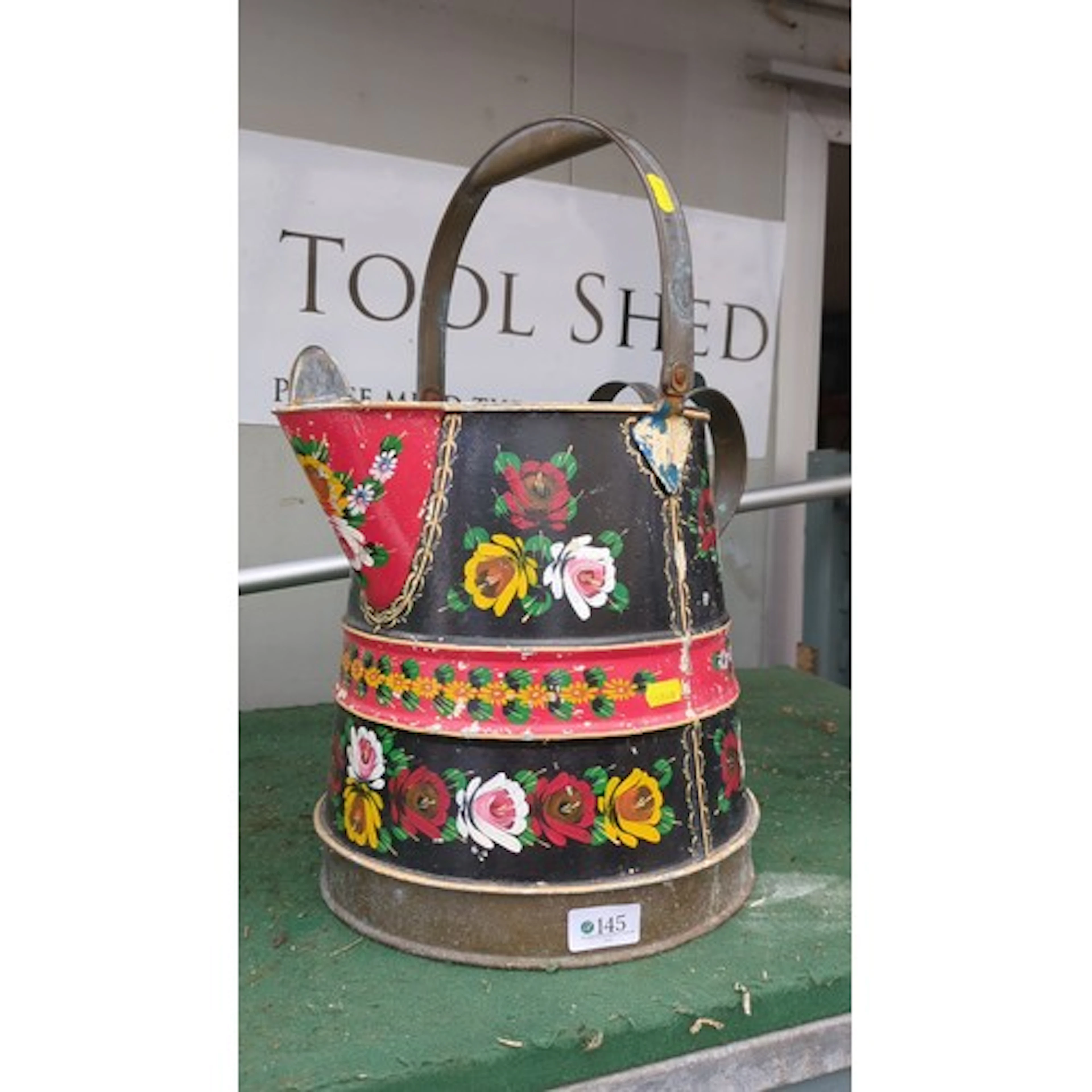 Painted metal coal scuttle of tapering cylindrical form, wit...