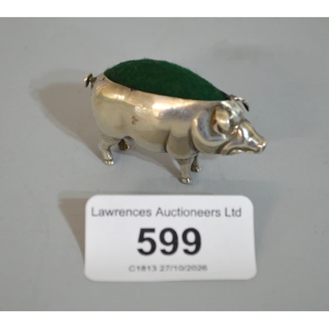Birmingham silver pin cushion, in the form of a pig, dated 1...