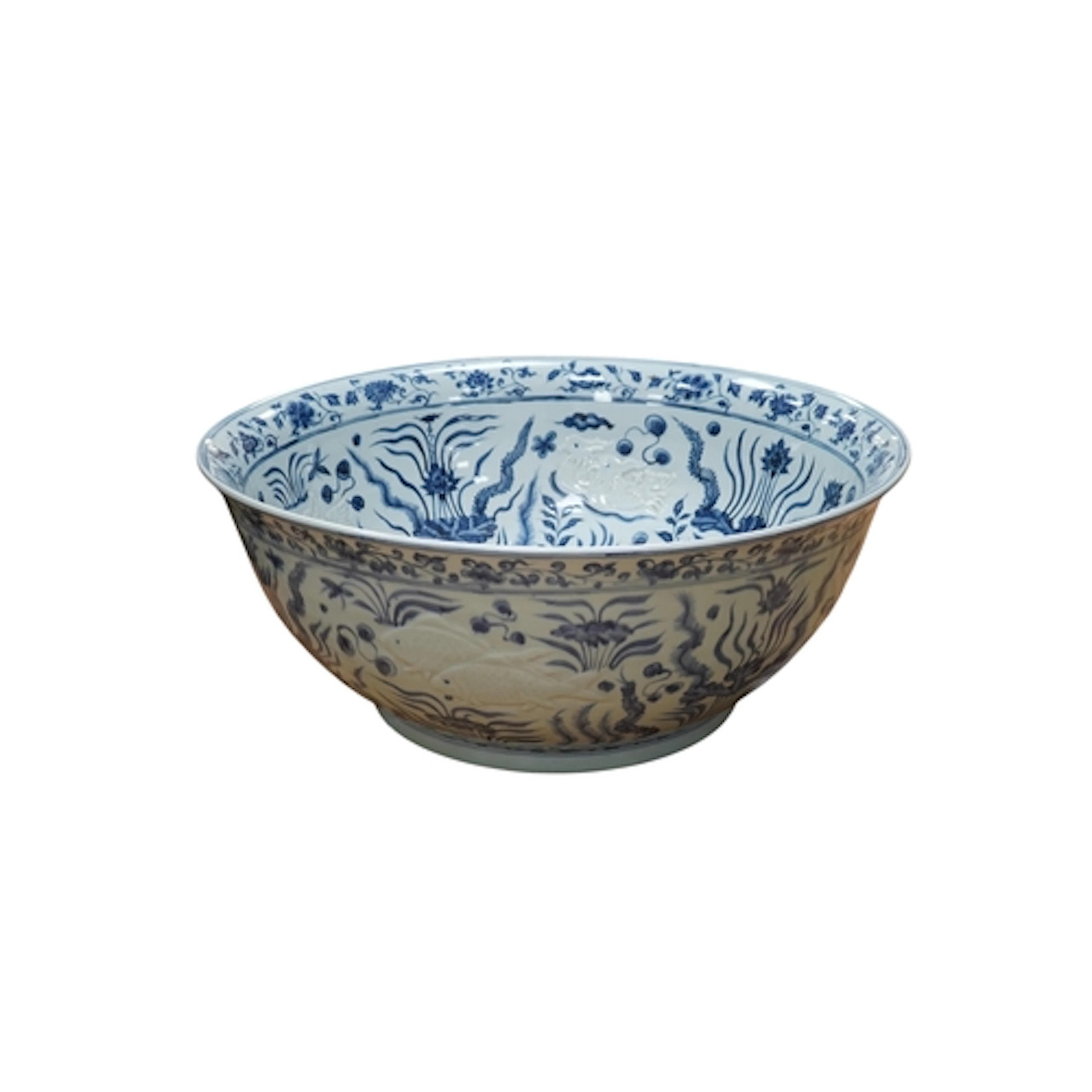 A massive Chinese blue and white fishbowl, in Ming dynasty s...