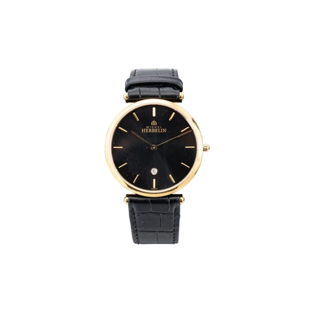 A HERBELIN WRIST WATCH, black face with black strap, boxed &...