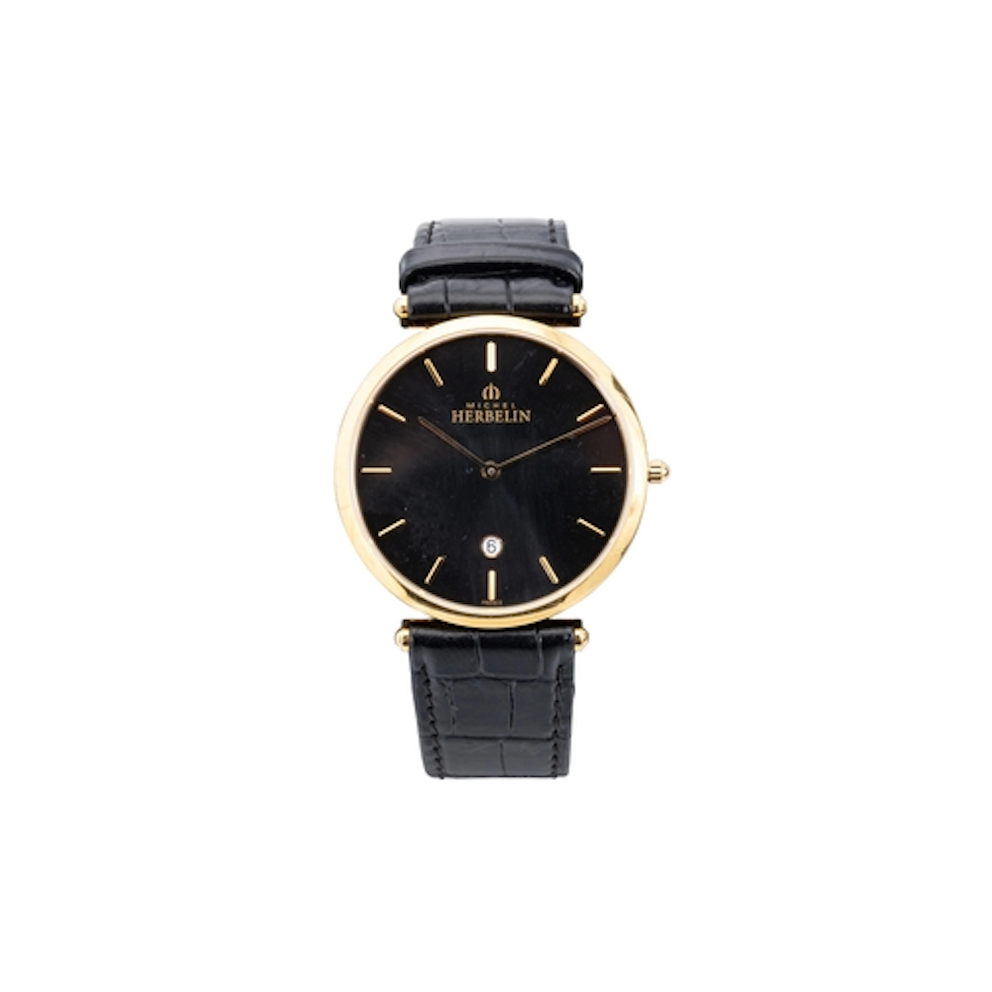 A HERBELIN WRIST WATCH, black face with black strap, boxed &...