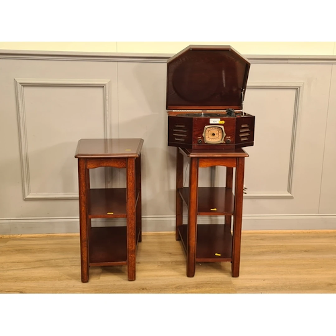 A pair of two tier side Tables and a cased Record Player, (R...