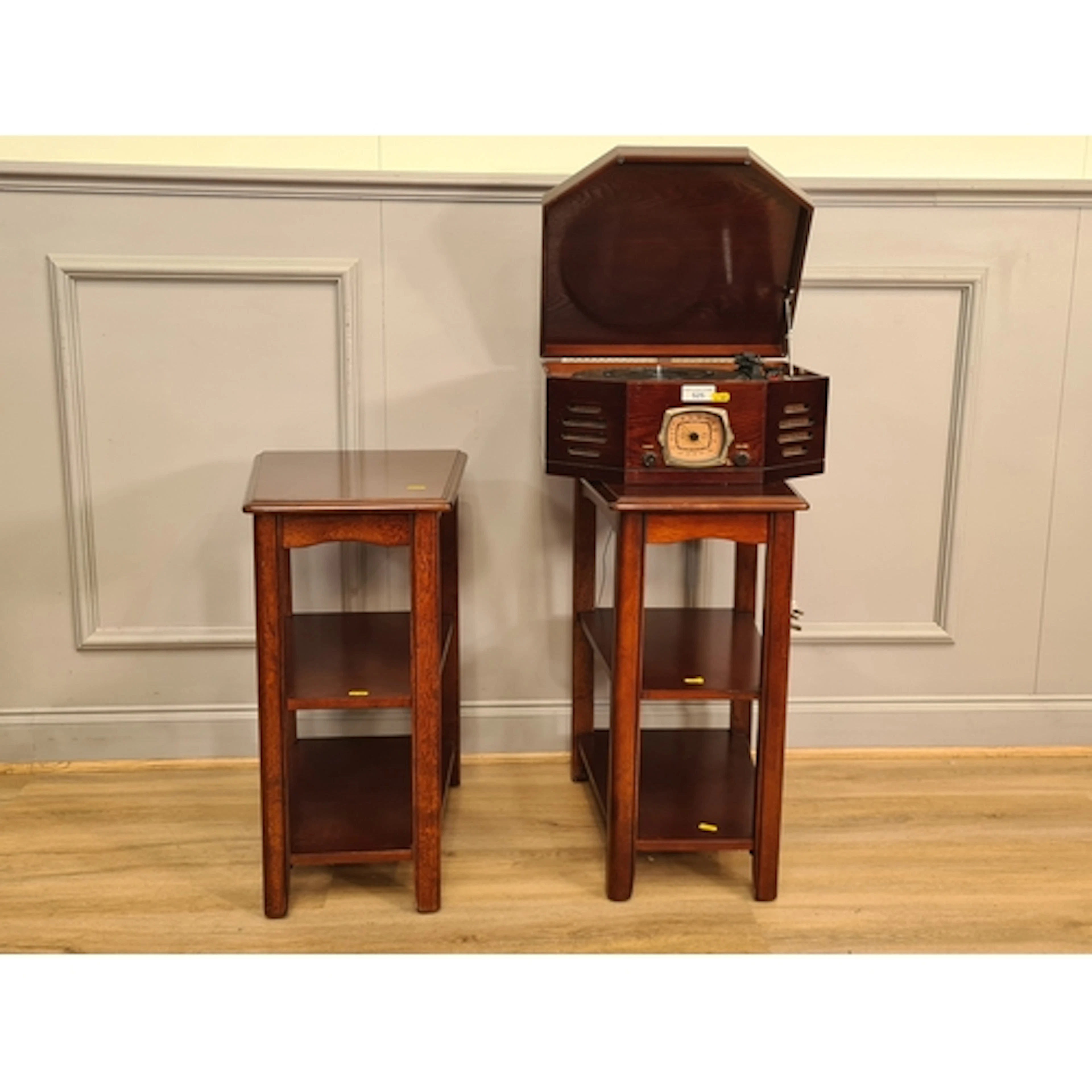 A pair of two tier side Tables and a cased Record Player, (R...