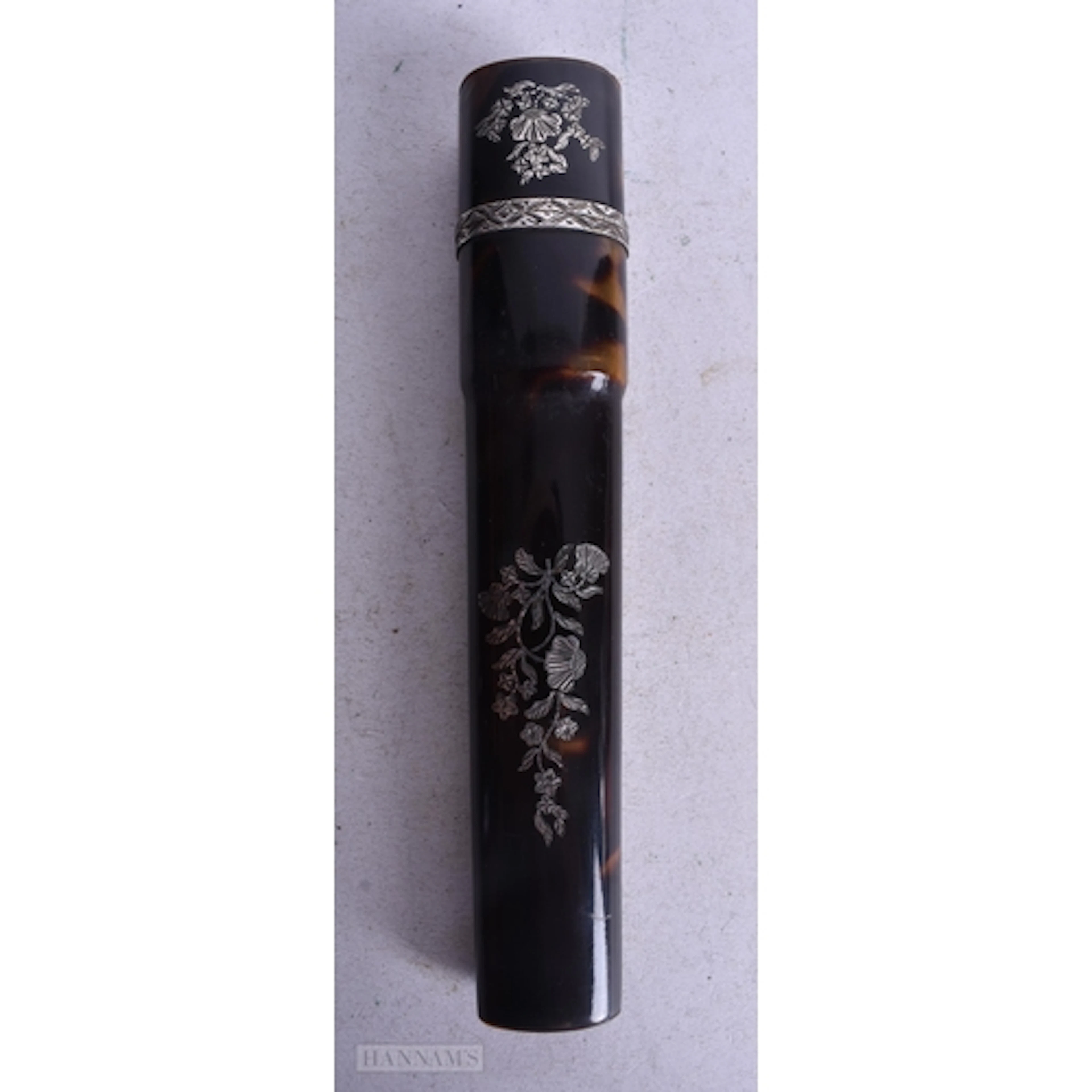 A Tortoiseshell Box with Silver Pique Decoration. 14.5cm lo...