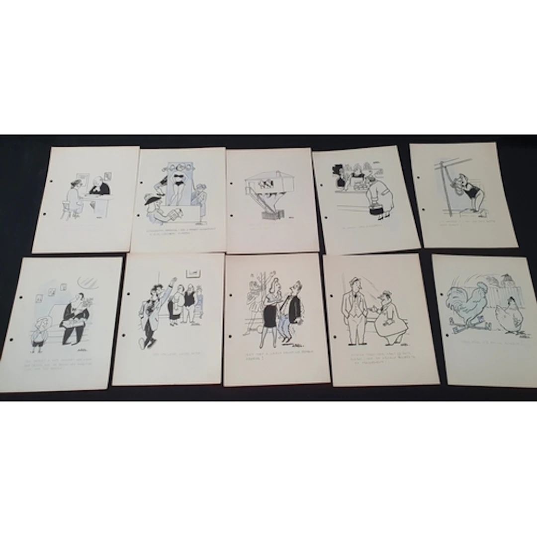 TEN PEN AND INK ORIGINAL SINGLE-PANEL CARTOONS circa 1940s/5...