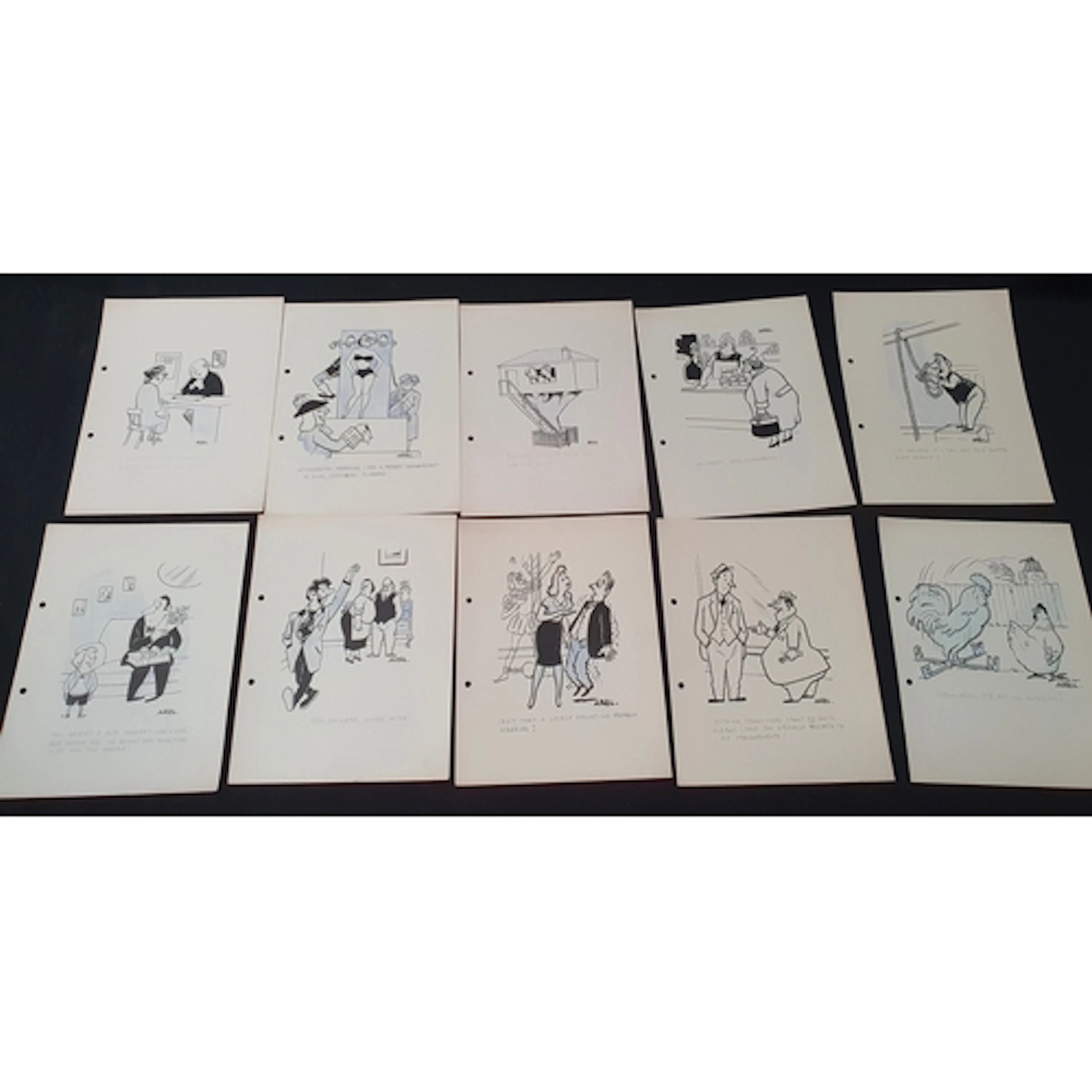 TEN PEN AND INK ORIGINAL SINGLE-PANEL CARTOONS circa 1940s/5...