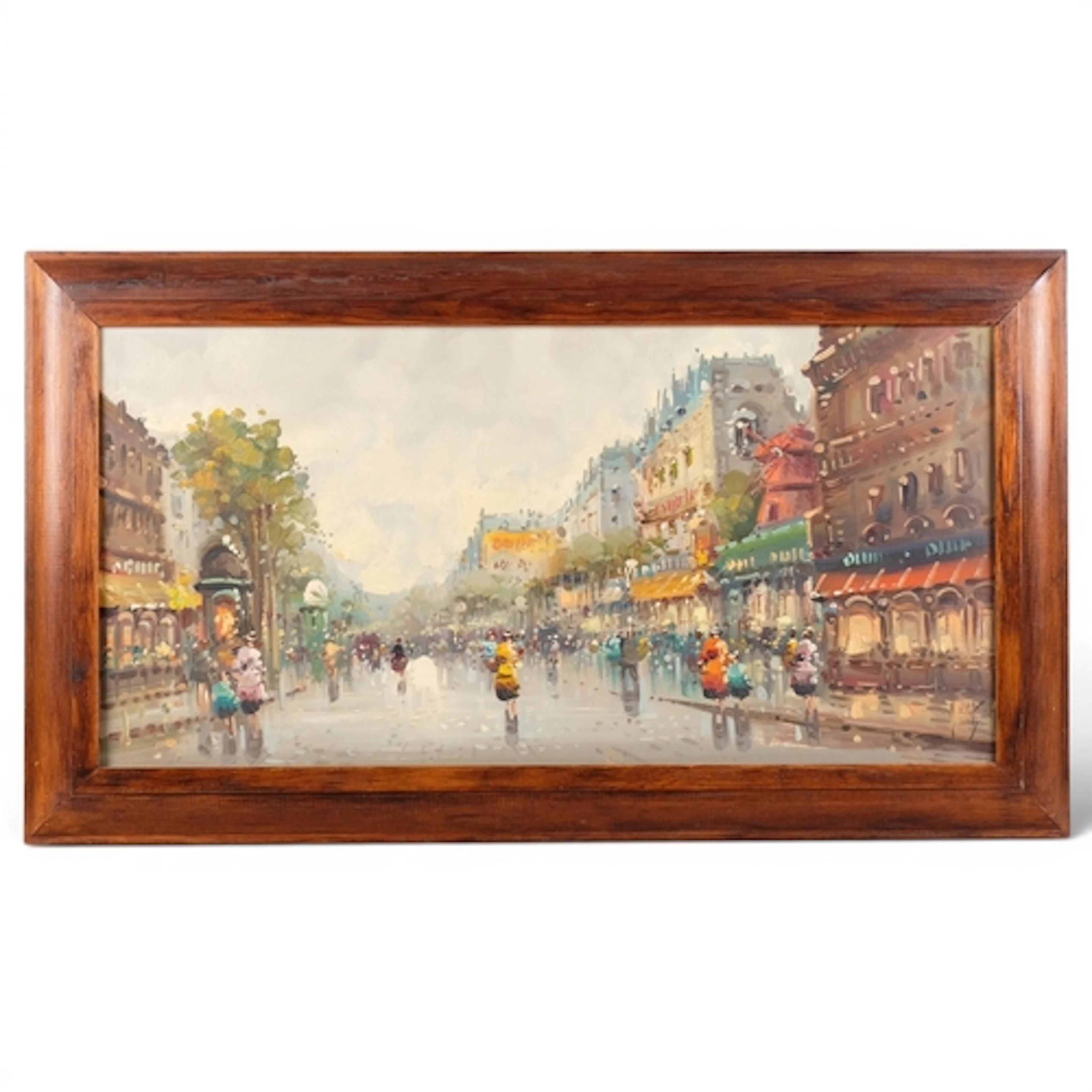 A mid-century Parisian street scene of the Moulin Rouge, oil...