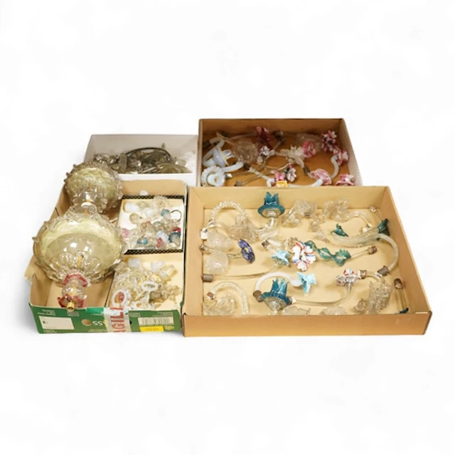 Various component parts of coloured Venetian floral chandeli...