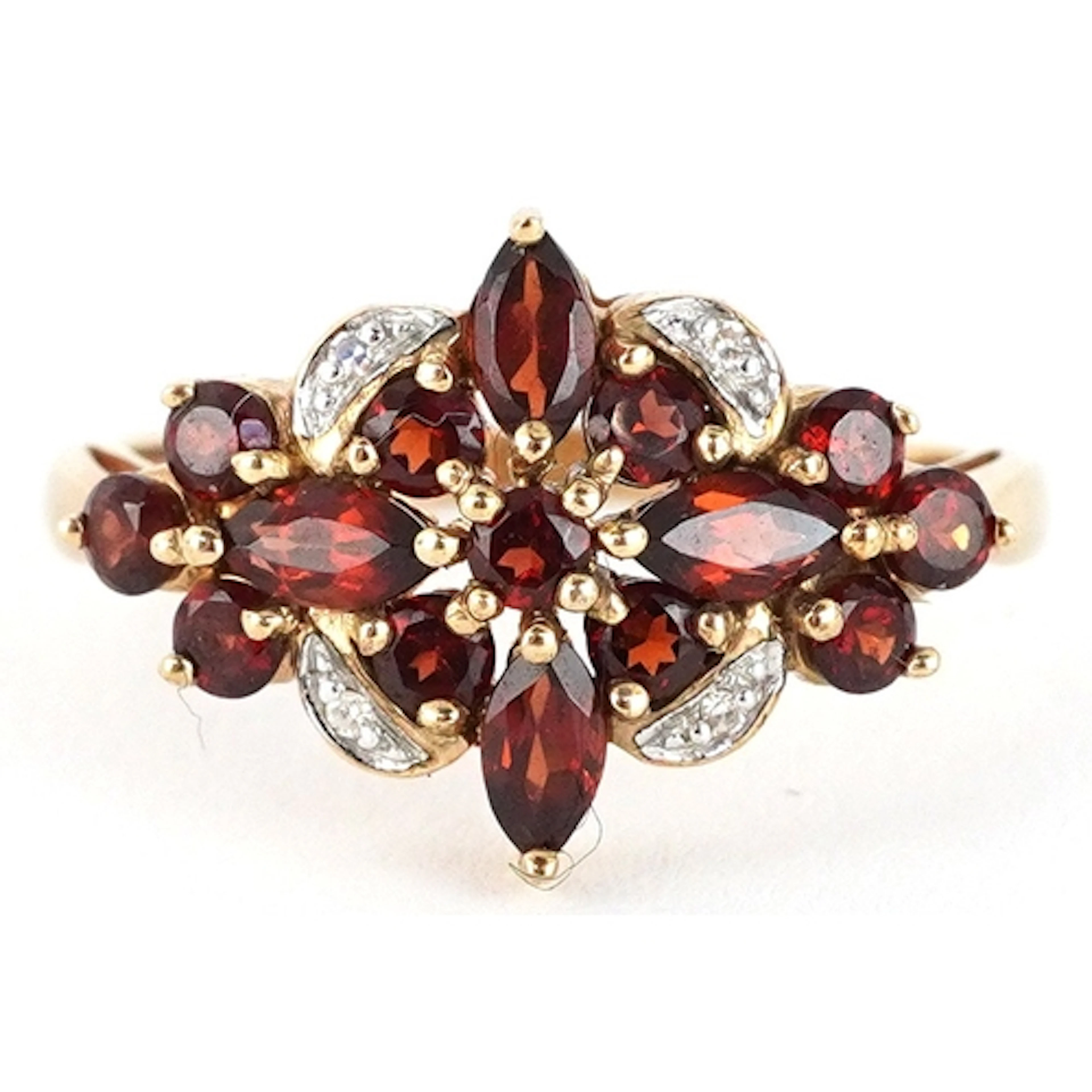 9ct gold red stone and diamond cluster ring, size R, 3.0g.