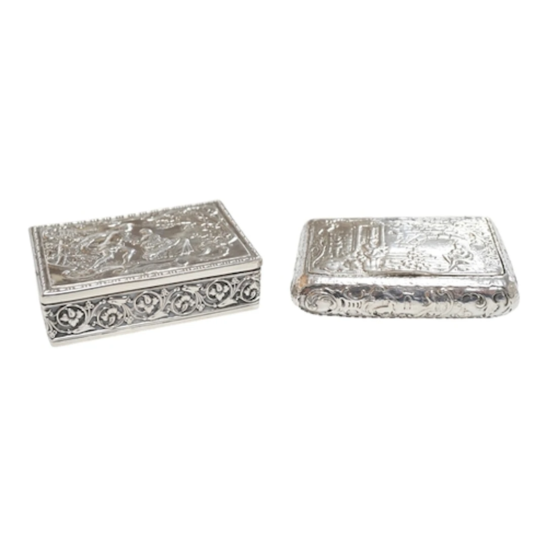 Two late 19th century Hanau embossed silver snuff boxes, imp...