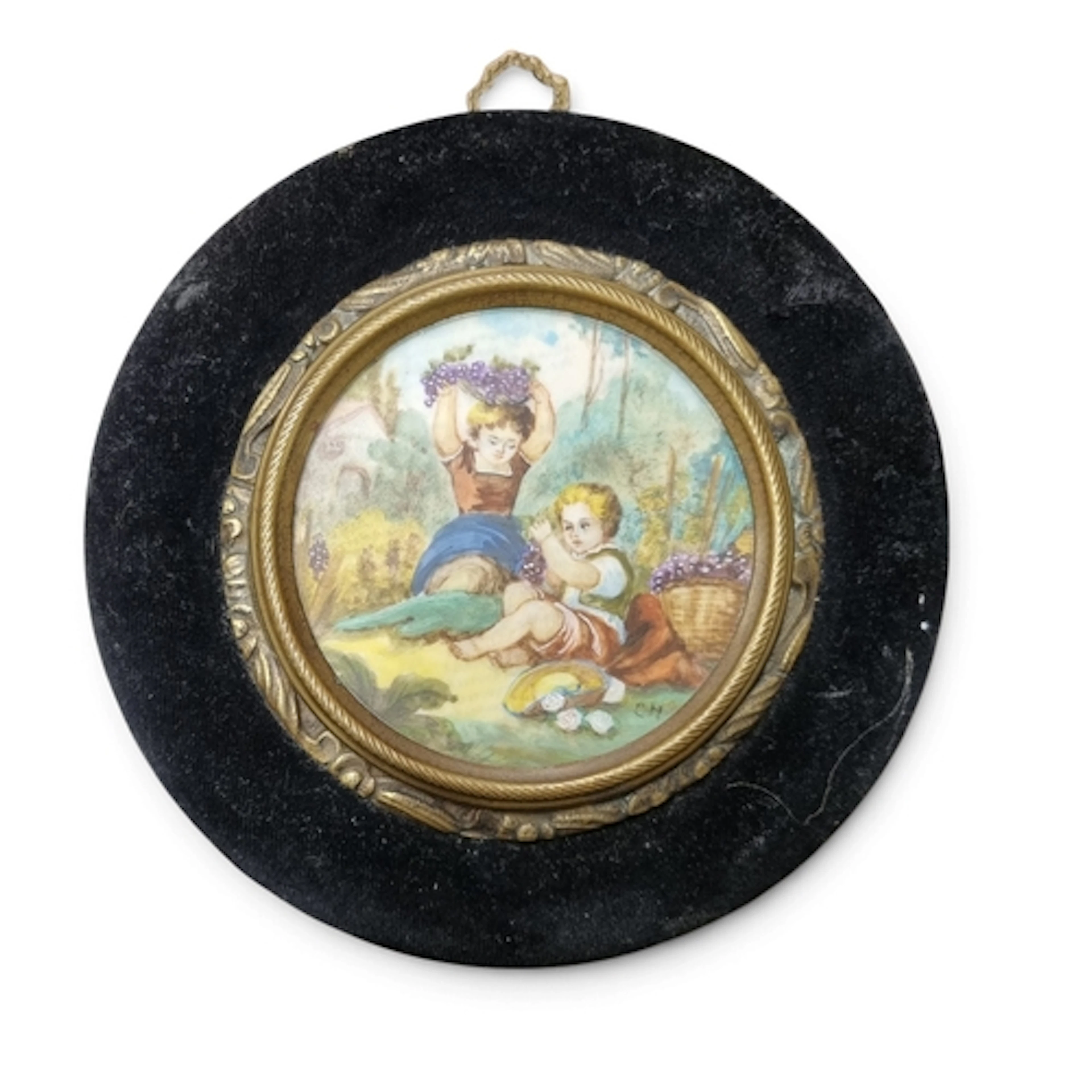 An old French hand painted portrait Miniature monogramed LR ...