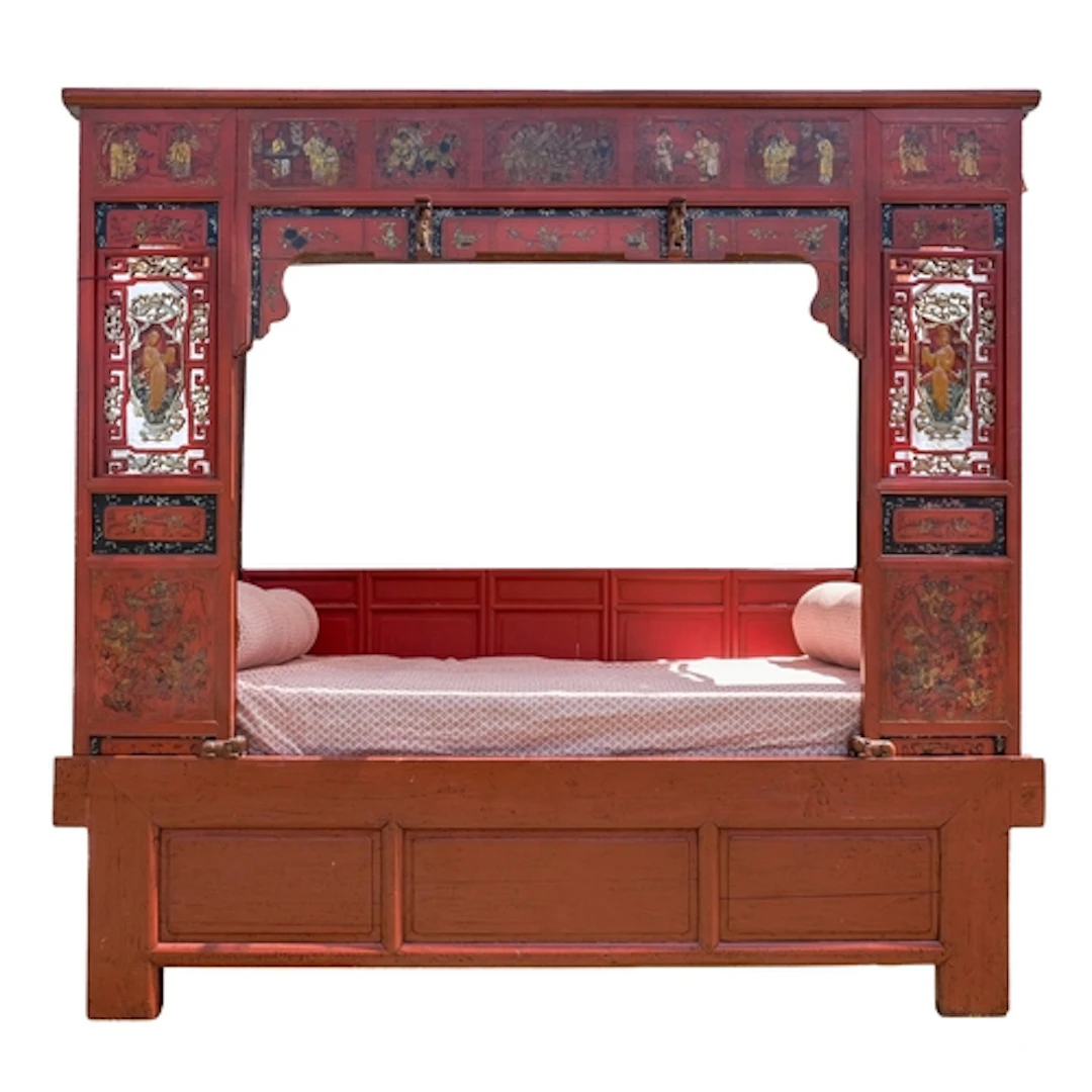 A Chinese red painted and mother-of-pearl inset wood 'marria...