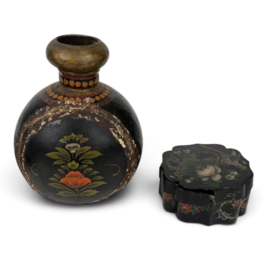 A PAINTED METAL KASHMIRI FLASK Together with a 19th century ...