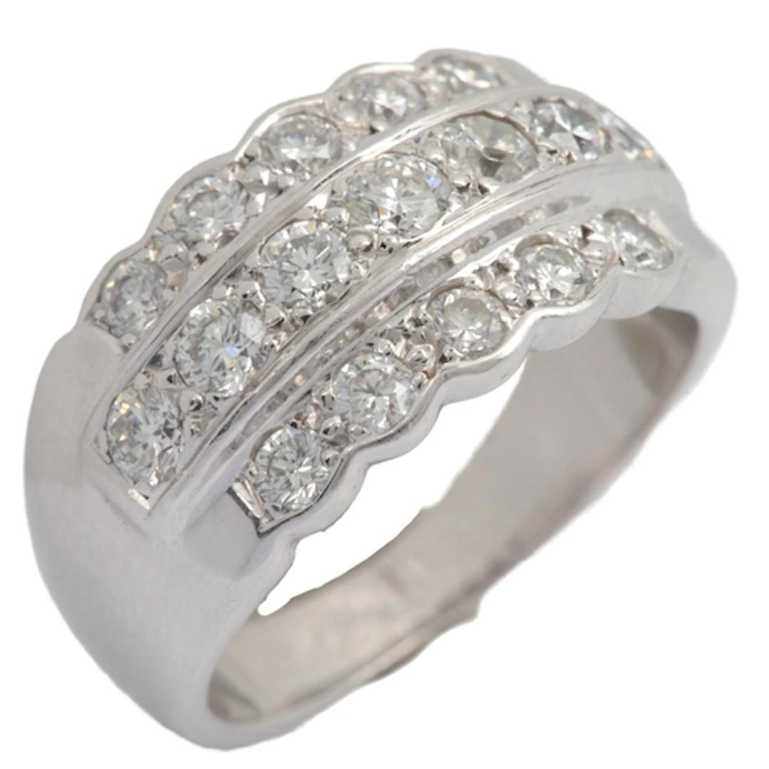 A diamond ring, set to the front with three rows of brillian...