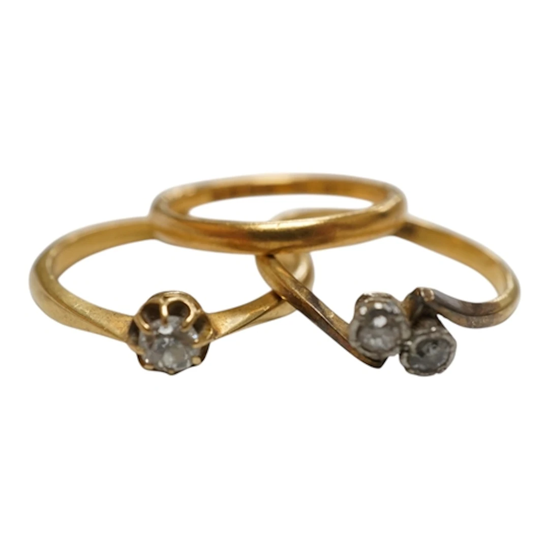 A 22ct gold wedding band, size K, 2.8 grams, together with t...