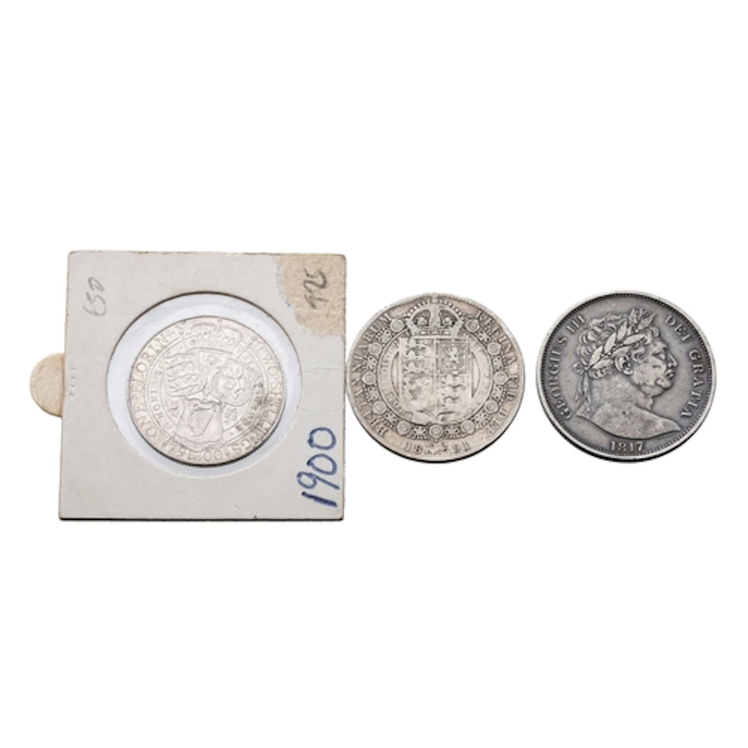 3 X ENGLISH SILVER HALF CROWN COINS, 1817 VF, 1891 F, 1900 E...