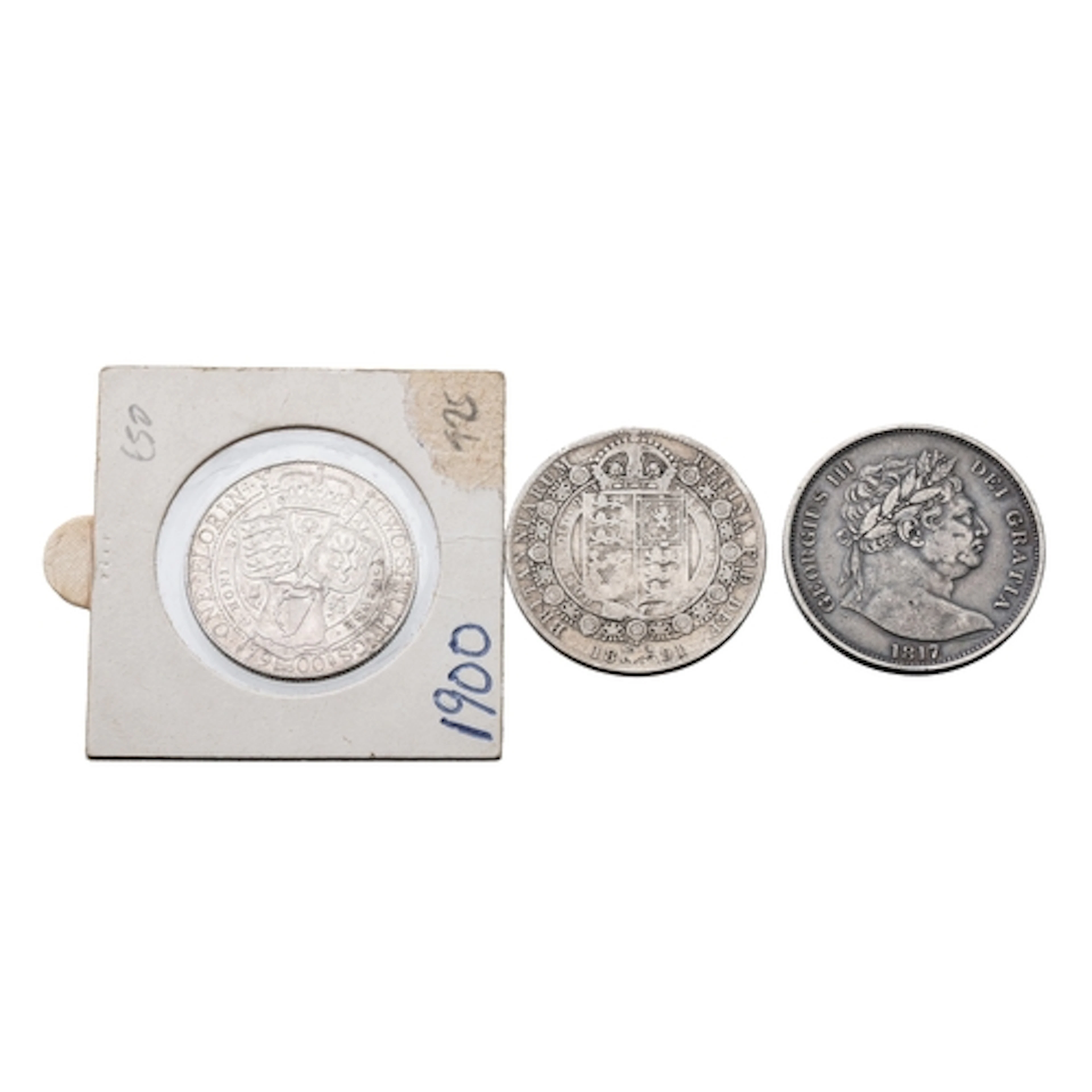 3 X ENGLISH SILVER HALF CROWN COINS, 1817 VF, 1891 F, 1900 E...