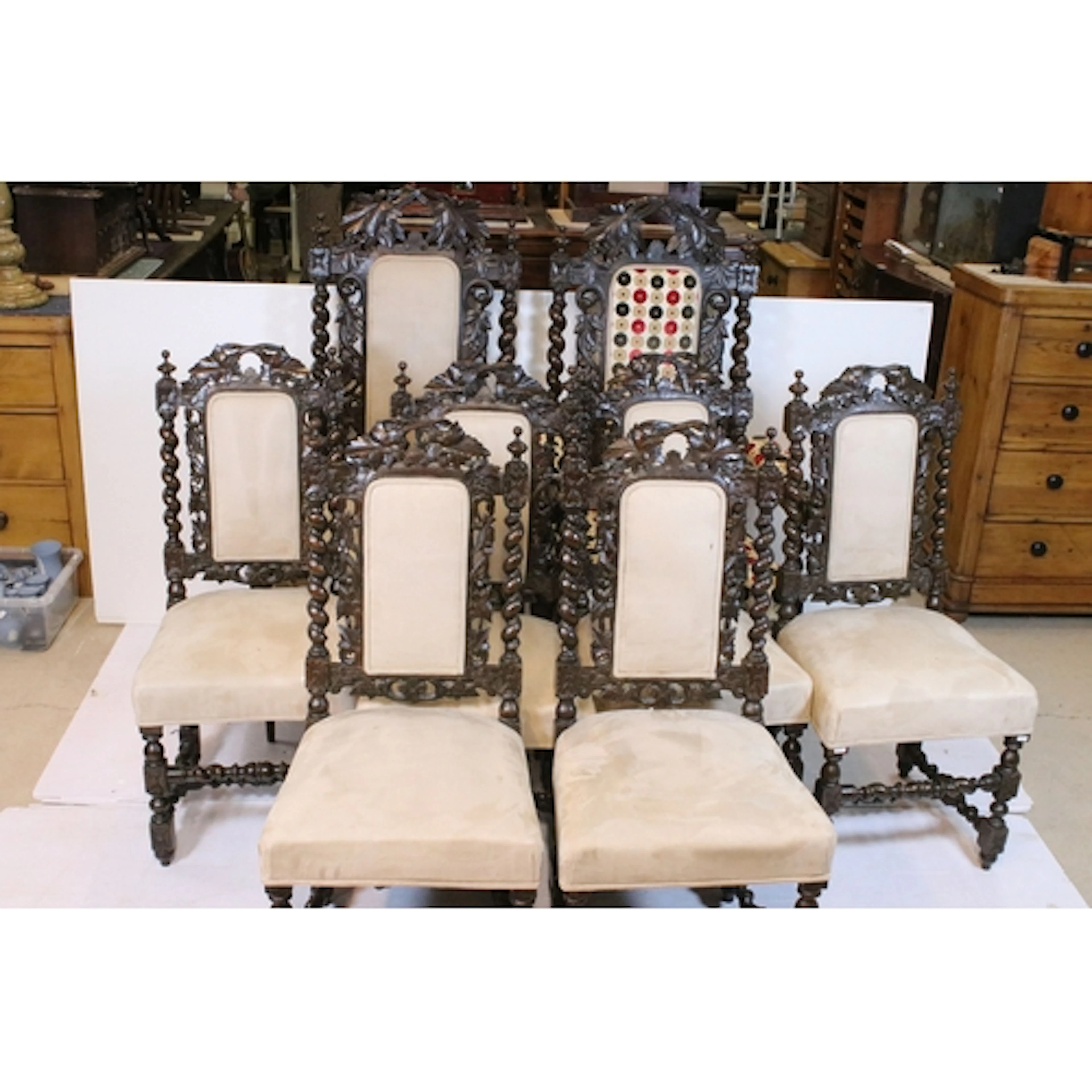 Set of eight Carolean style oak dining chairs, to comprise t...