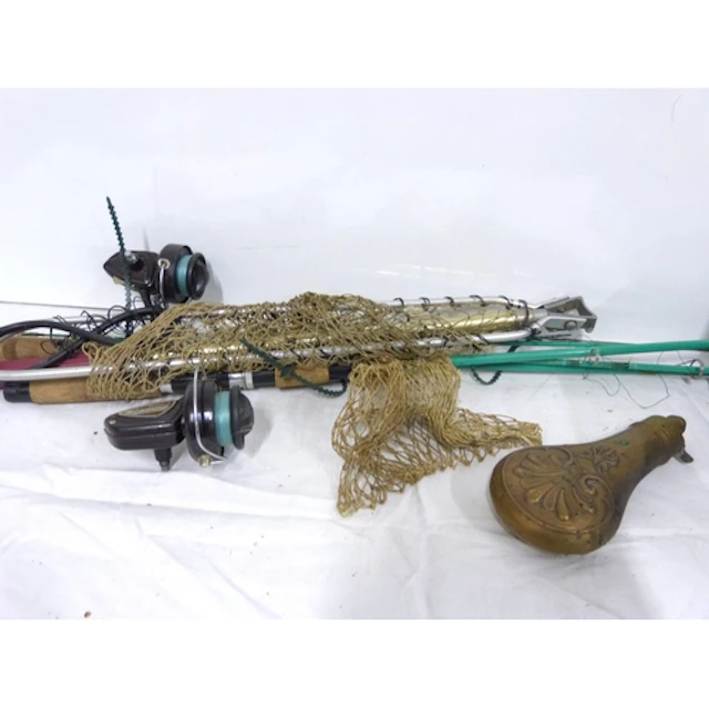 Boxes of lures, powder flask, two fishing rods and a landing...