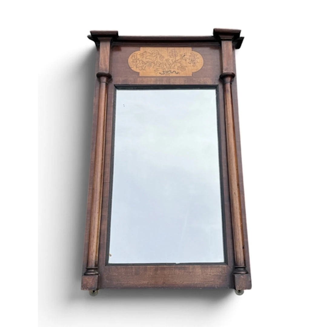 A LATE REGENCY MAHOGANY PIER MIRROR, WITH FOLIATE INLAID PAN...