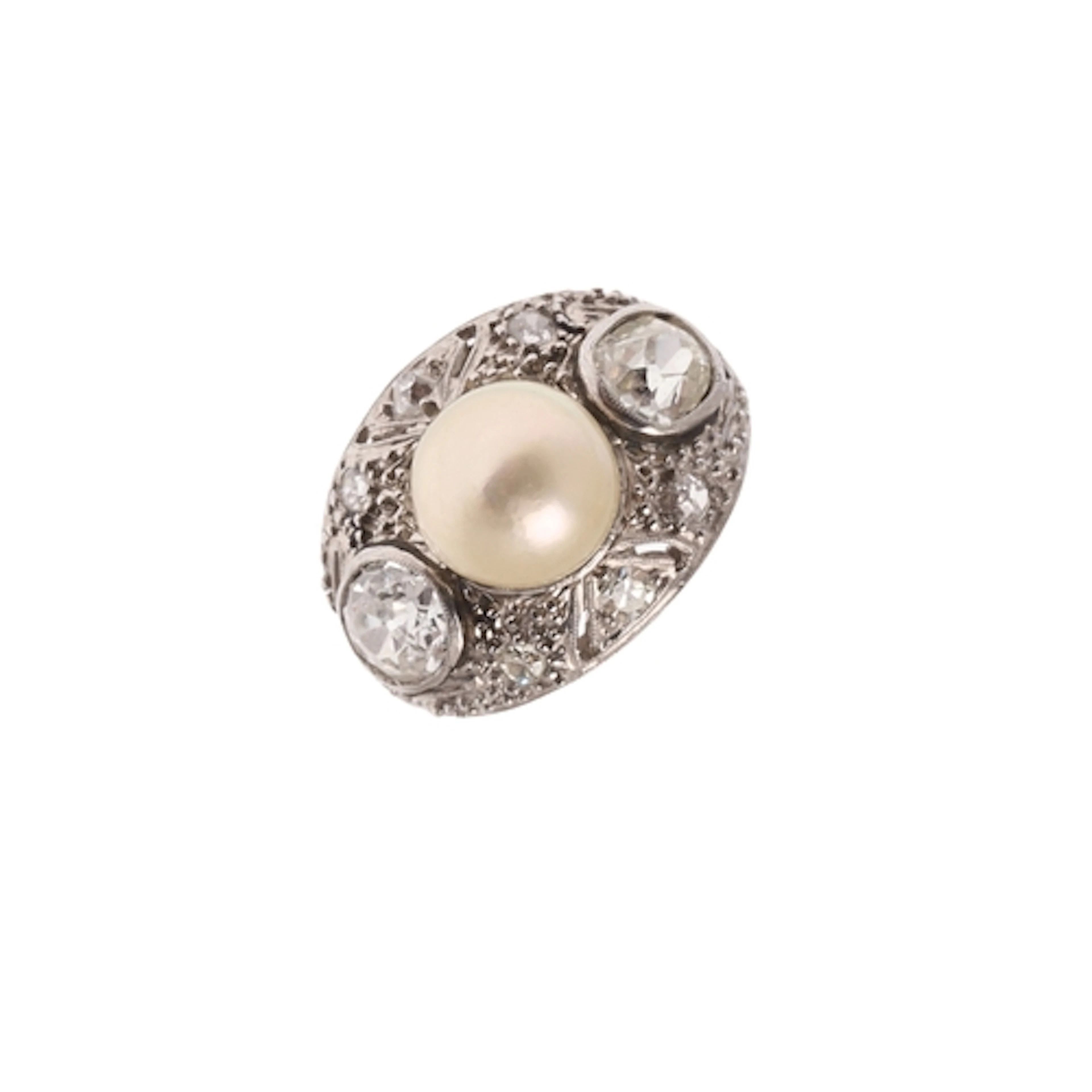 A DIAMOND AND CULTURED PEARL RING. the pearl measures approx...