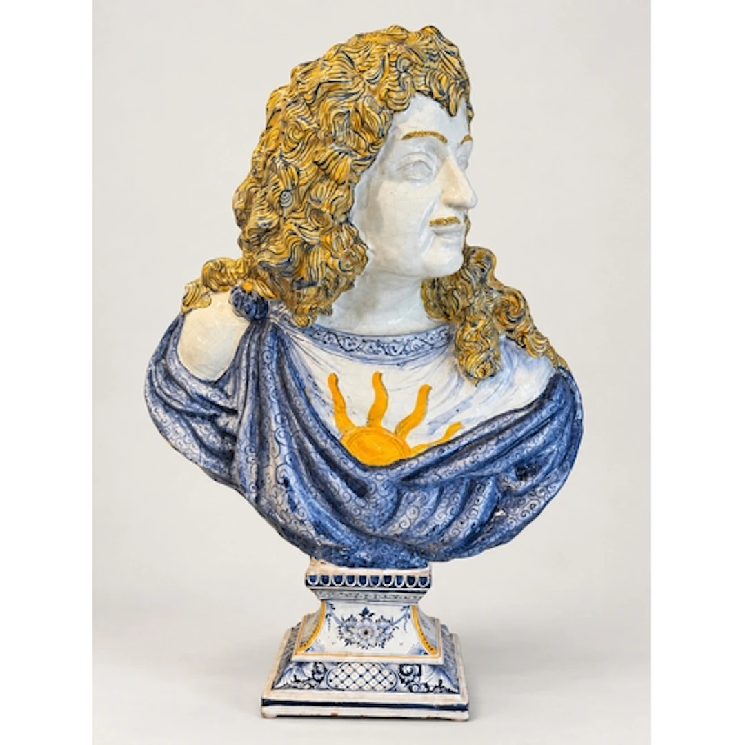 A monumental French polychrome Rouen faience bust of Louis X...