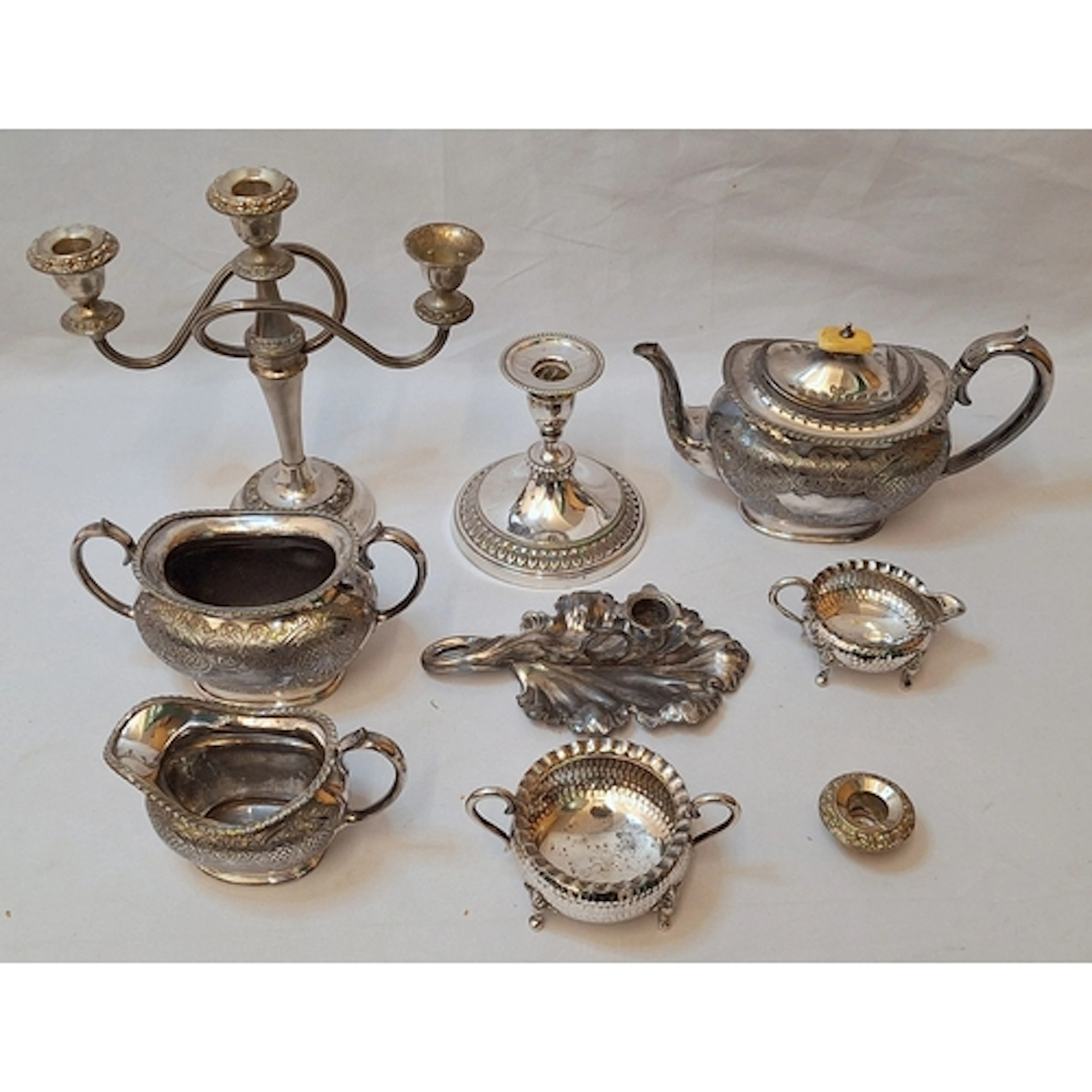 Silver Plated Teapot, milk jug & sugar bowl, candle holders,...