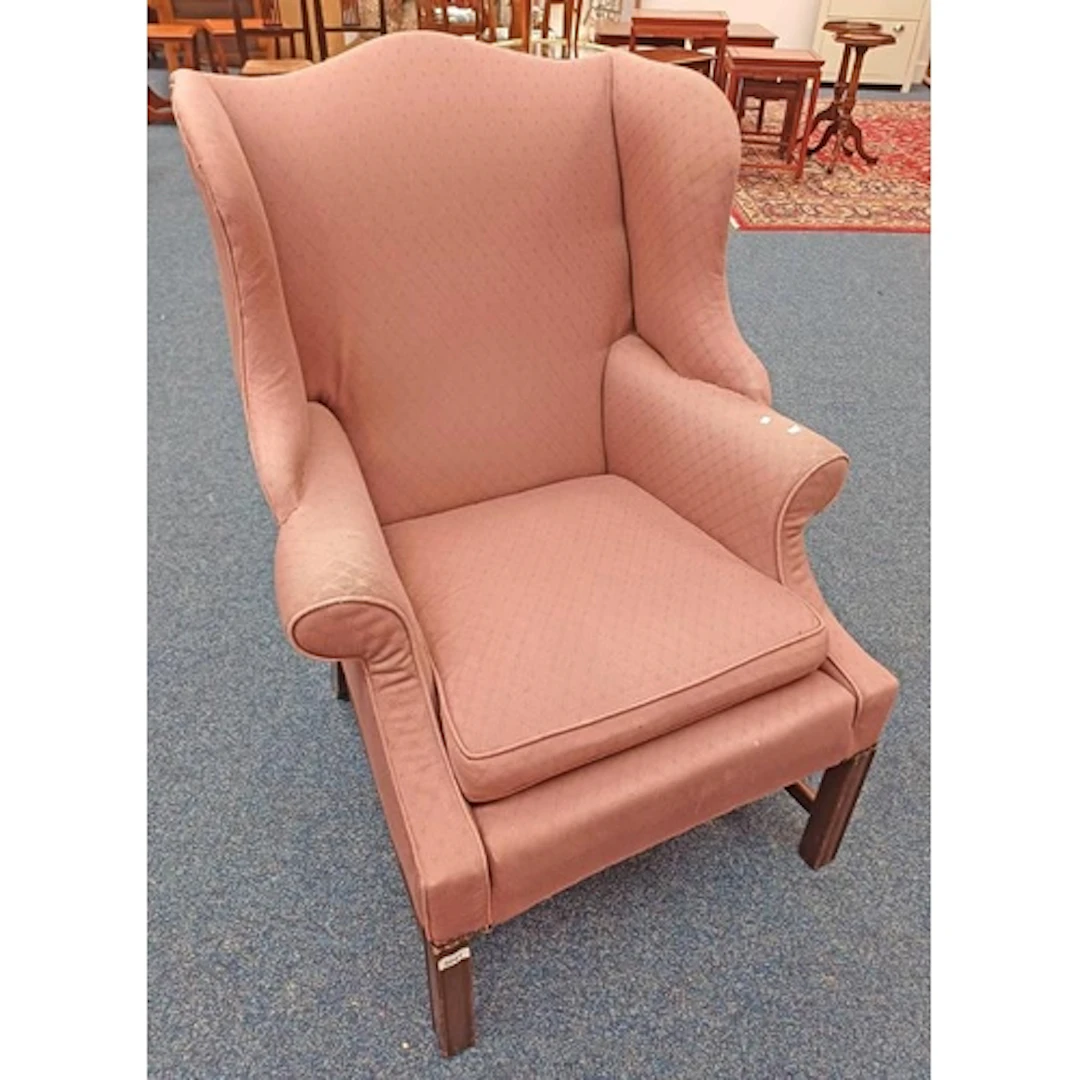 19TH CENTURY STYLE OVERSTUFFED WINGBACK ARMCHAIR