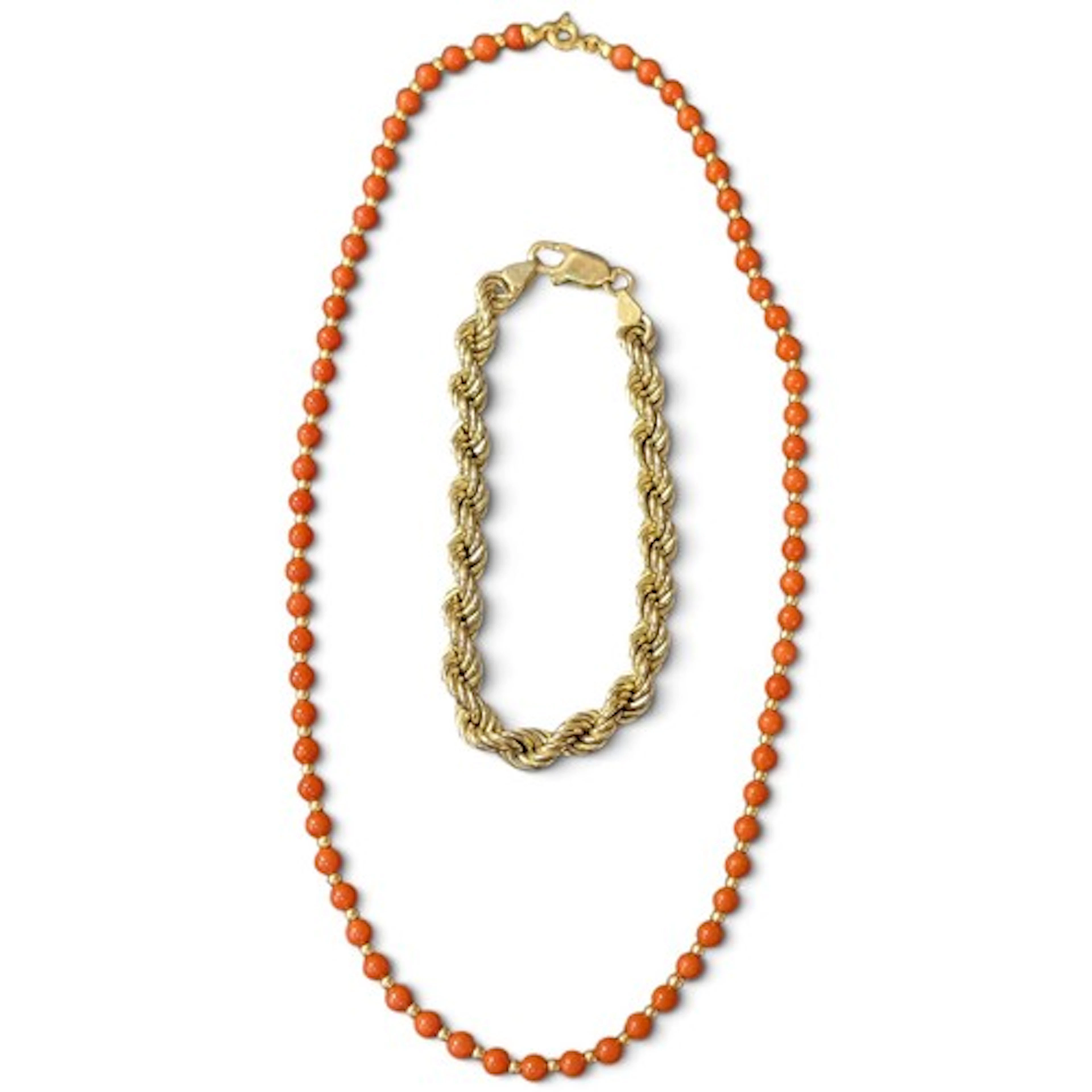 A 9ct gold rope twist bracelet, stamped 9k, (9g); an 18ct go...