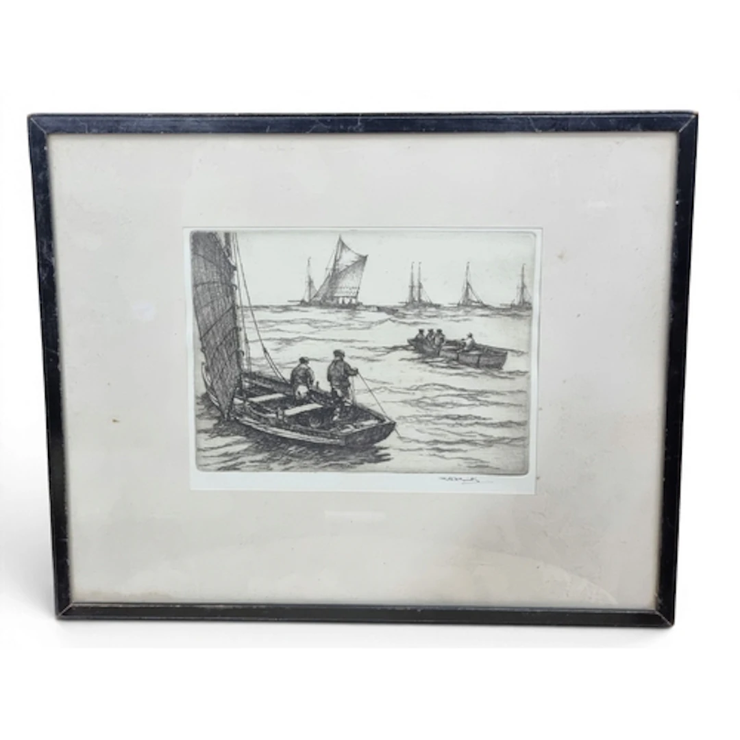 A 19th Century Etching of Sailors casting their nets indisti...