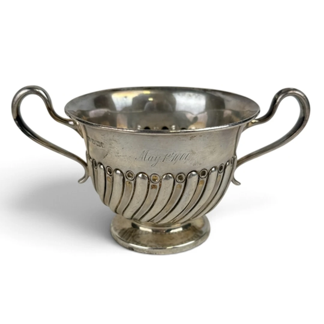 A MID-18TH CENTURY STYLE SILVER TWO HANDLED CUP, HARRY WRIG...