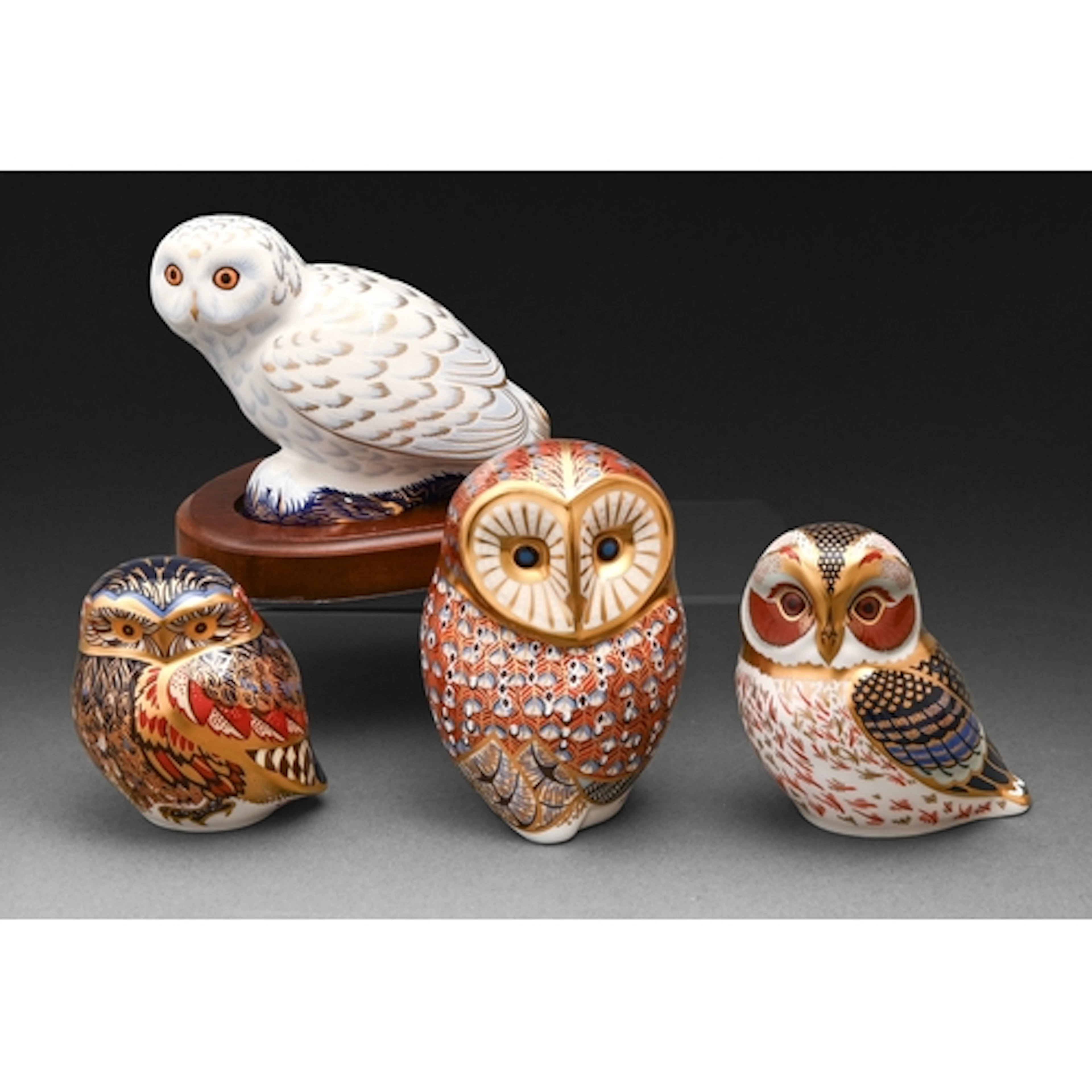 Four Royal Crown Derby paperweights, to include Snowy Owl, T...